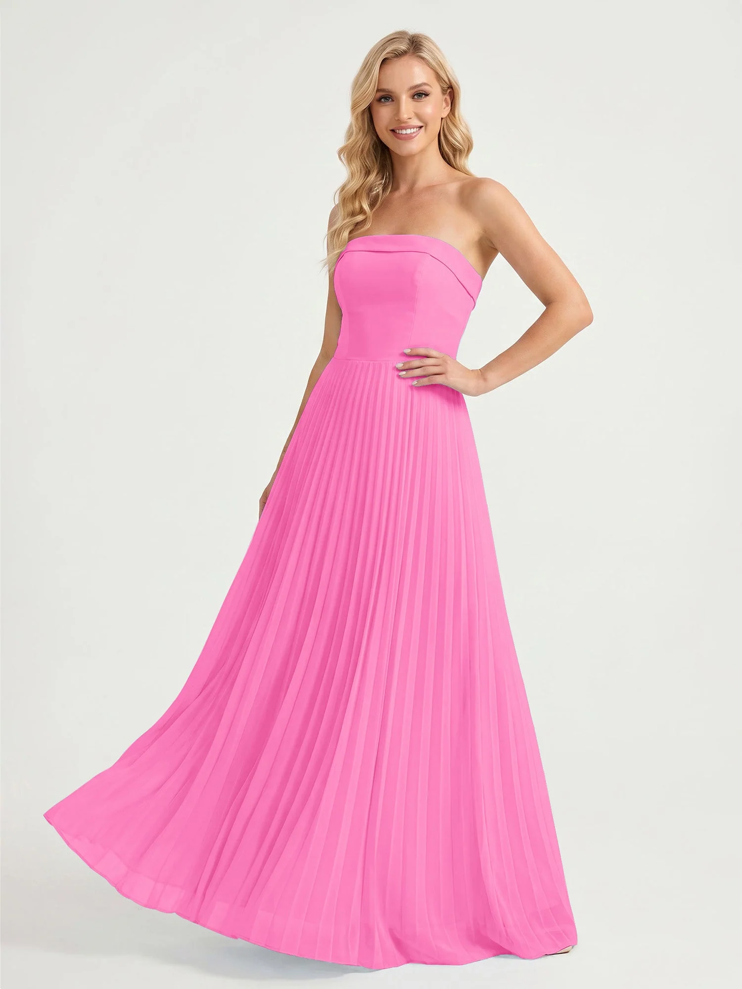 Trägerloses Chiffon Maxikleid mit Plissiertem Rock in A-Linie Azalee