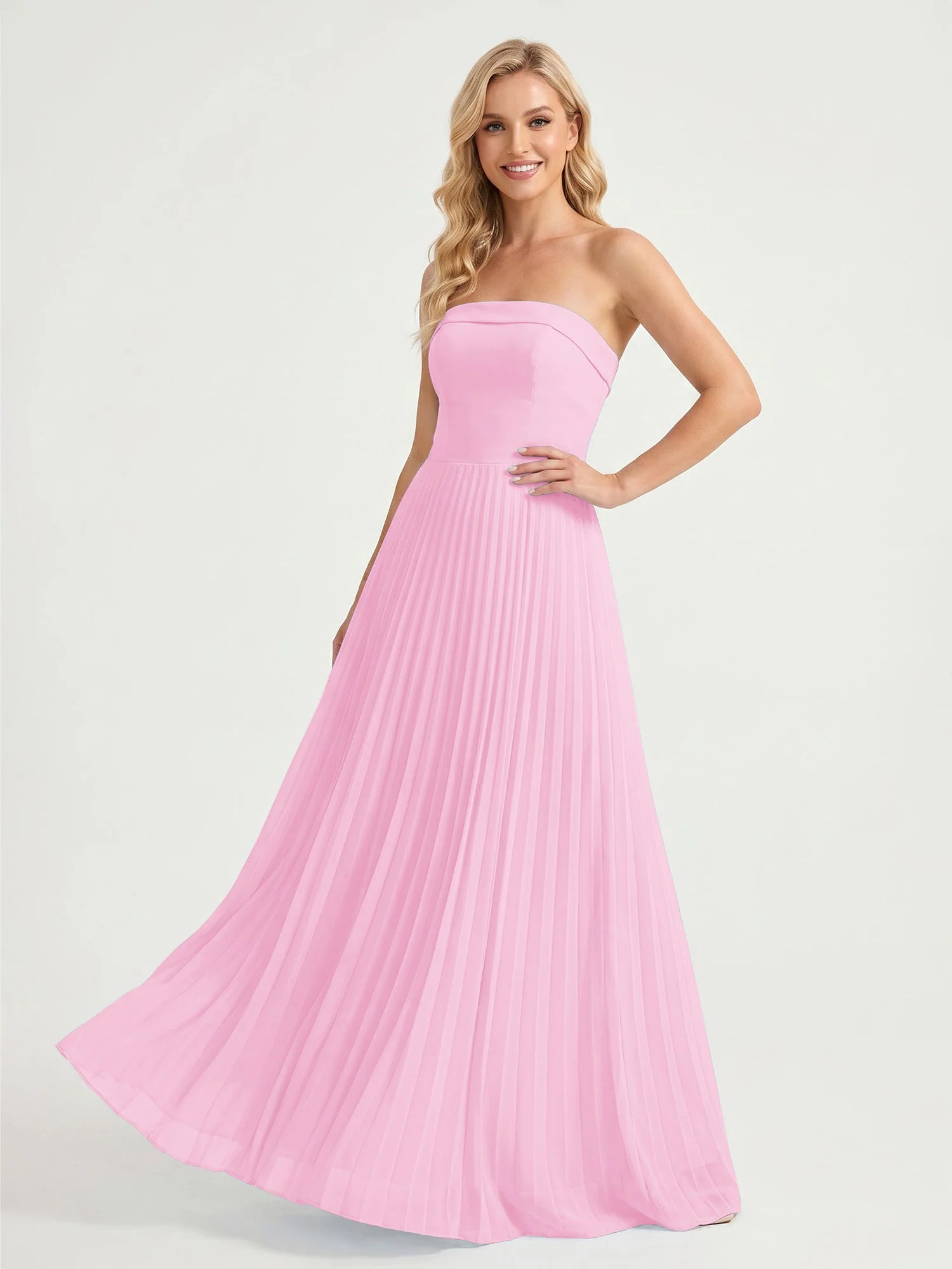 Trägerloses Chiffon Maxikleid mit Plissiertem Rock in A-Linie Bonbonrosa