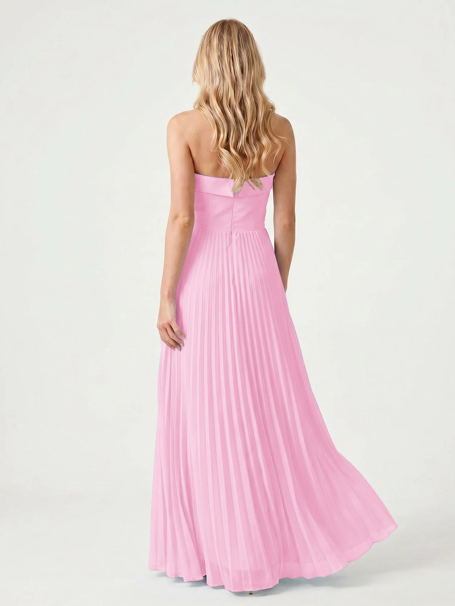 Trägerloses Chiffon Maxikleid mit Plissiertem Rock in A-Linie Bonbonrosa - Image 2