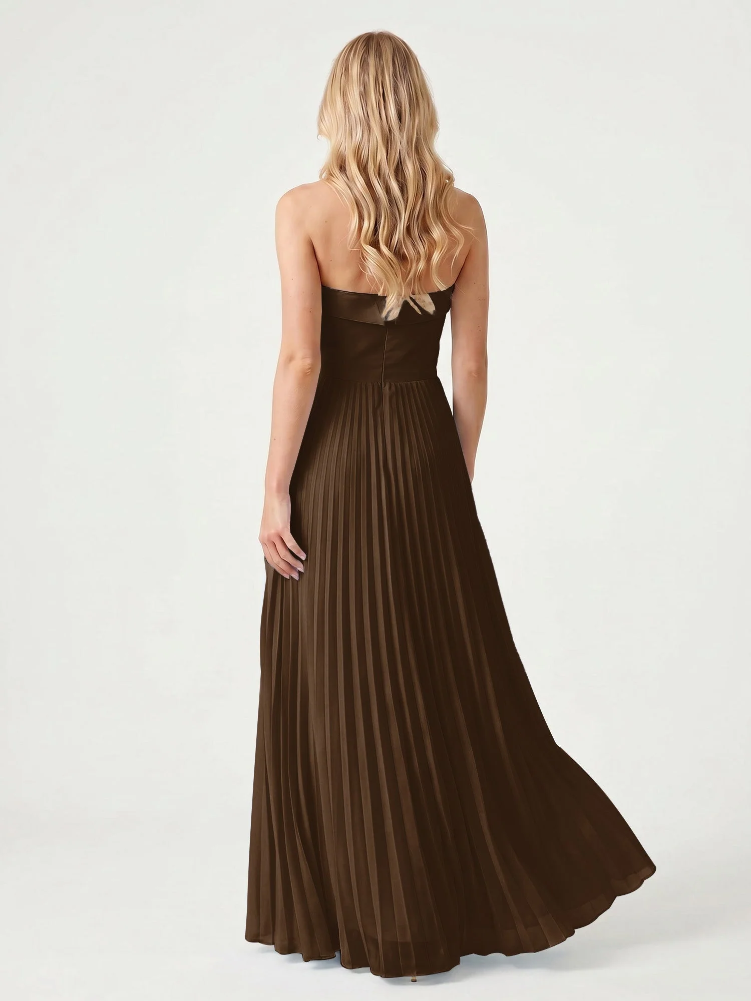 Trägerloses Chiffon Maxikleid mit Plissiertem Rock in A-Linie Braun - Image 2