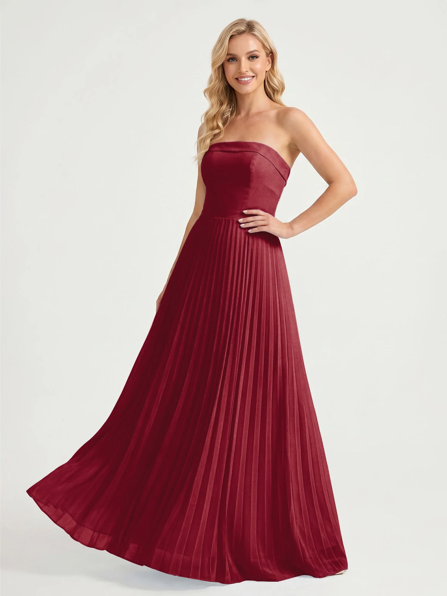Trägerloses Chiffon Maxikleid mit Plissiertem Rock in A-Linie Burgunderrot