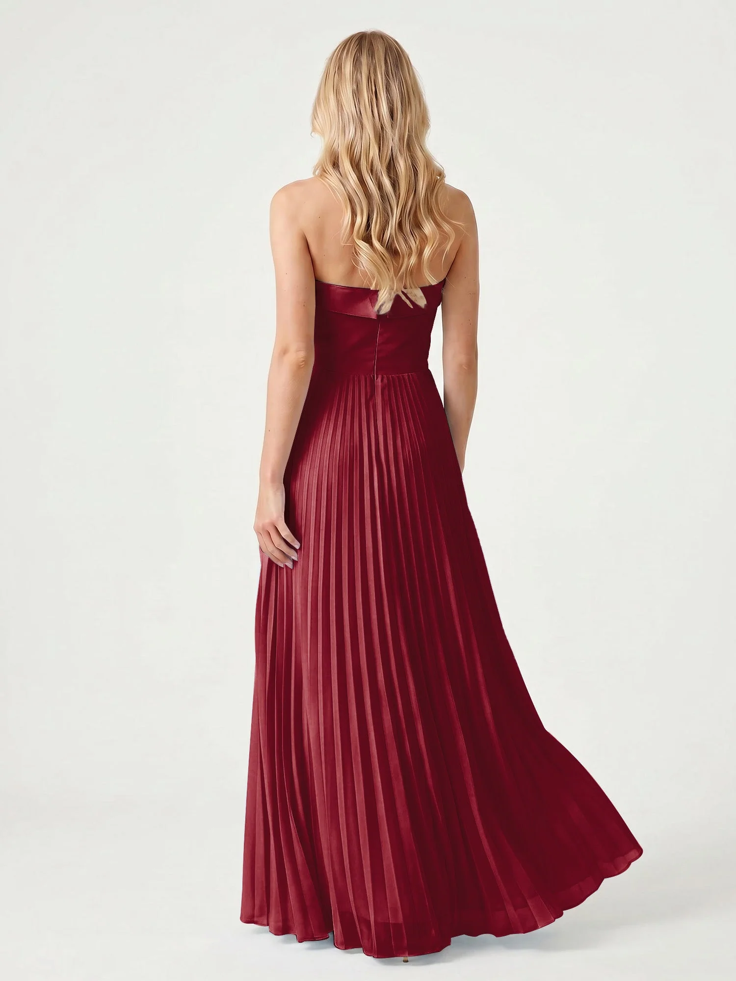 Trägerloses Chiffon Maxikleid mit Plissiertem Rock in A-Linie Burgunderrot - Image 2