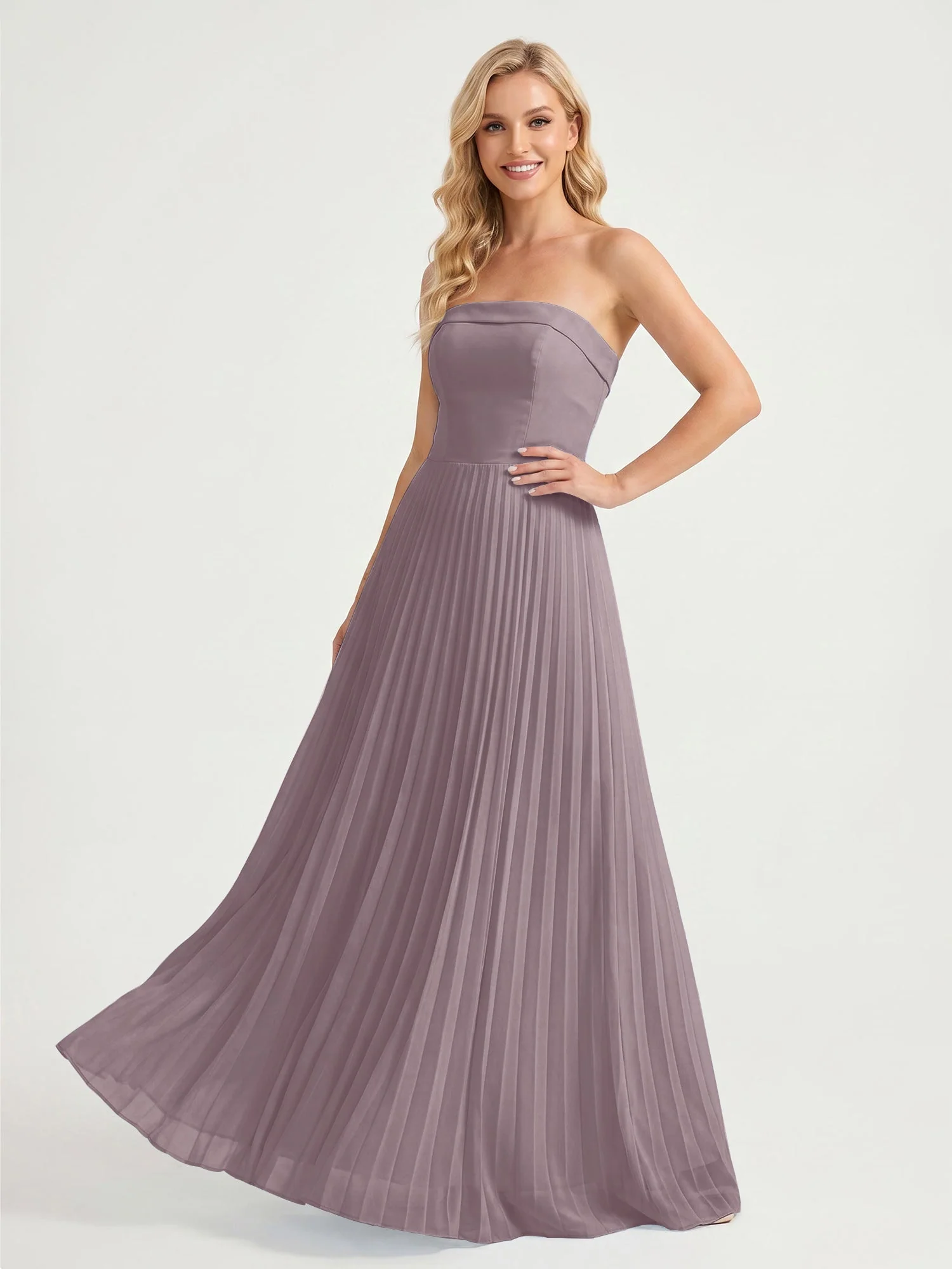 TrÀgerloses Chiffon Maxikleid mit Plissiertem Rock in A-Linie DÀmmerung