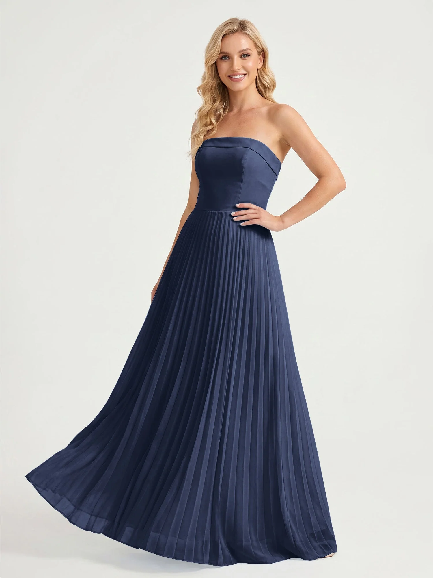 Trägerloses Chiffon Maxikleid mit Plissiertem Rock in A-Linie Dunkelmarine