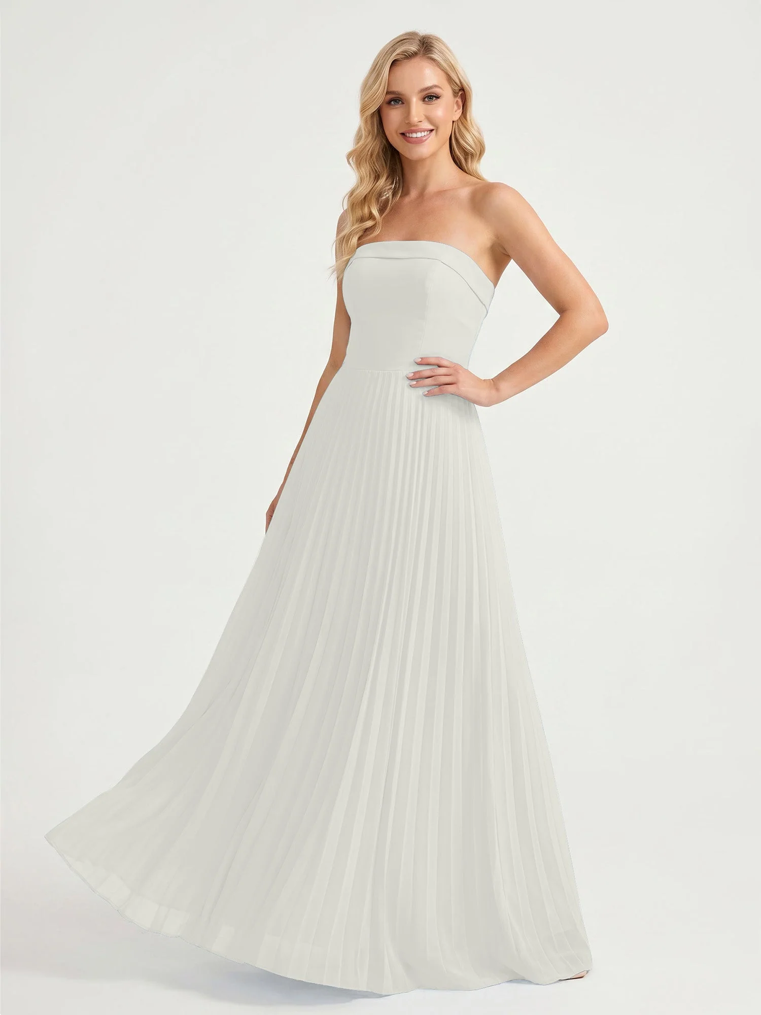 Trägerloses Chiffon Maxikleid mit Plissiertem Rock in A-Linie Elfenbein