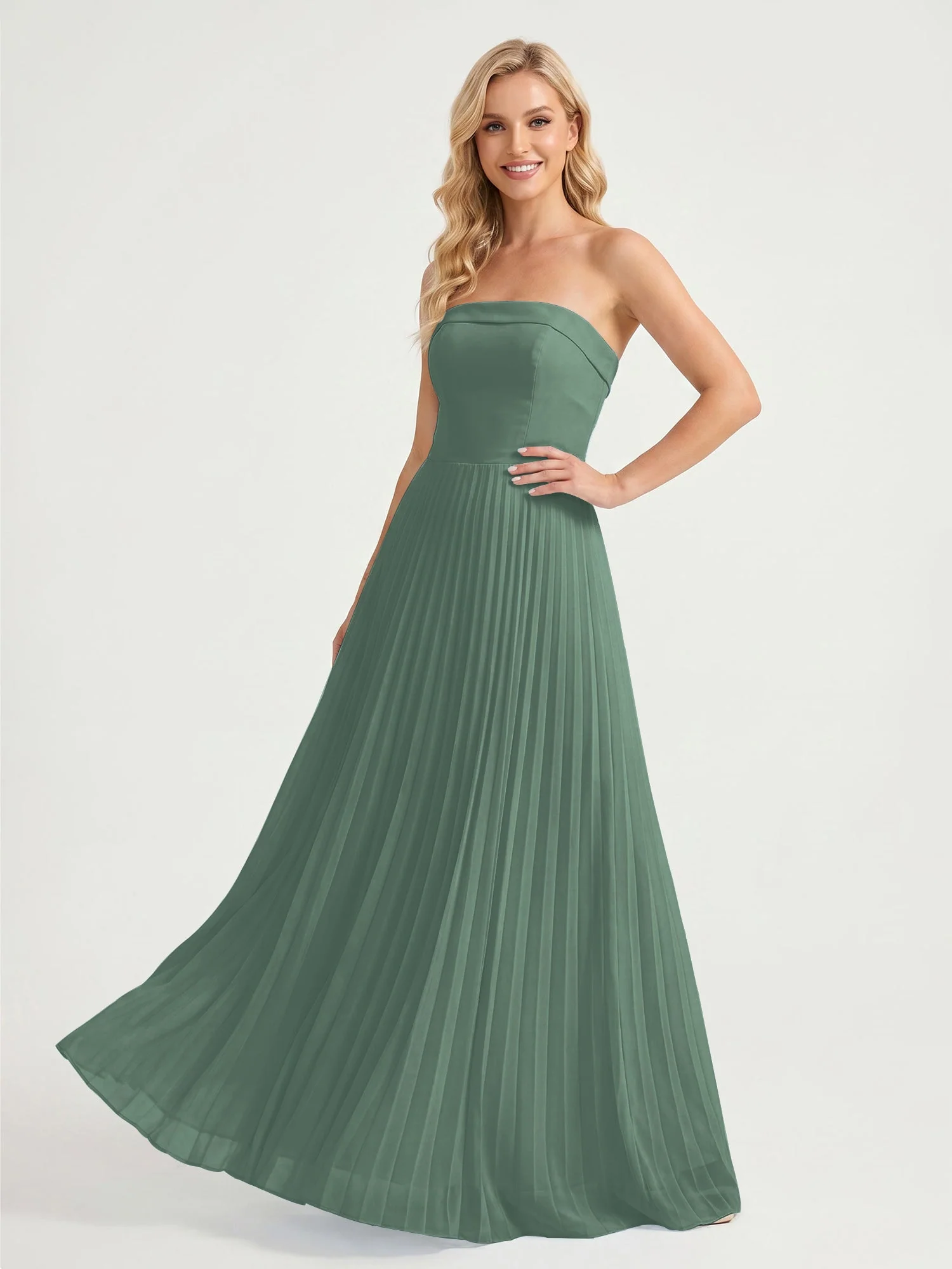Trägerloses Chiffon Maxikleid mit Plissiertem Rock in A-Linie Eukalyptus