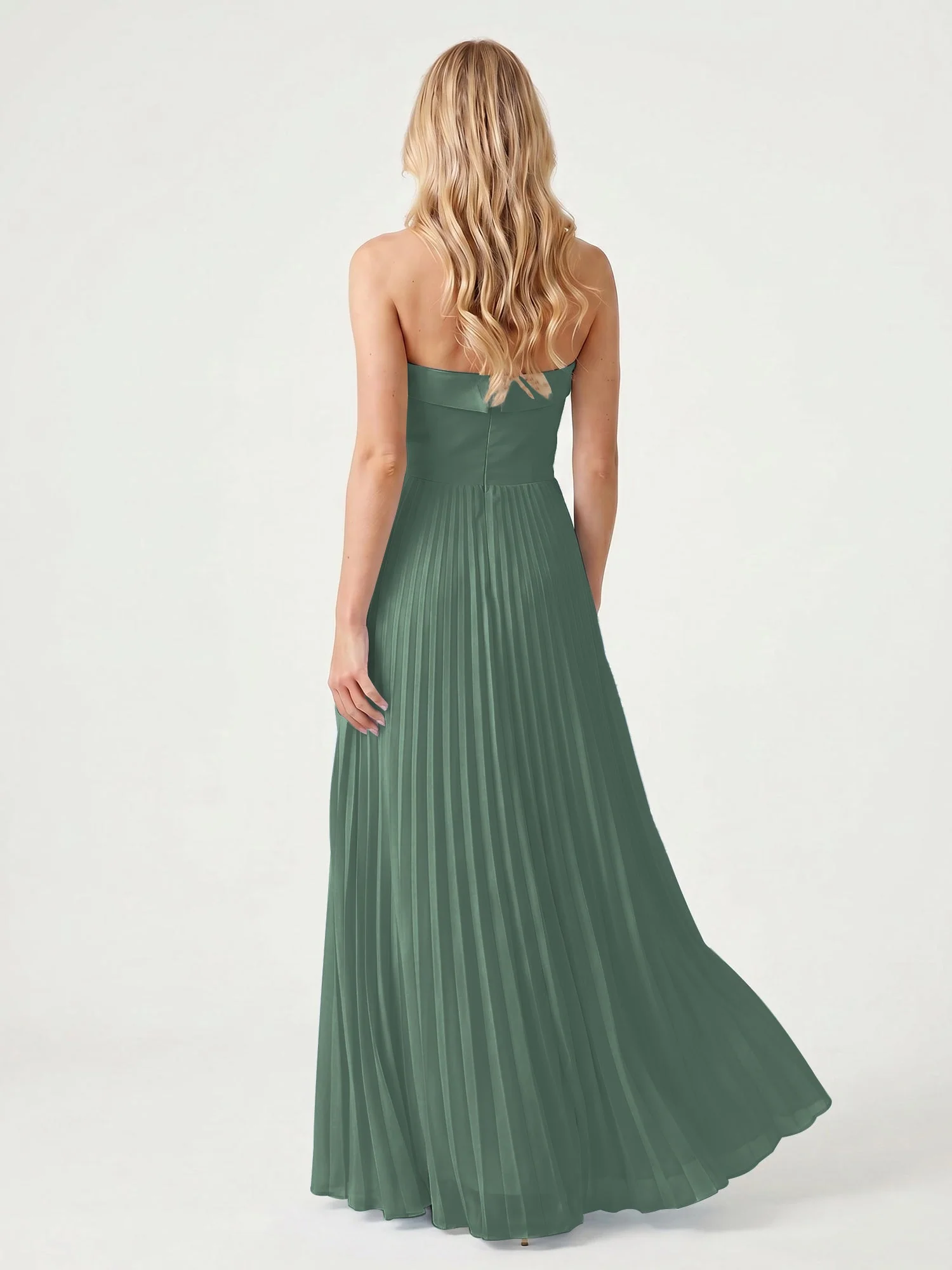 Trägerloses Chiffon Maxikleid mit Plissiertem Rock in A-Linie Eukalyptus - Image 2