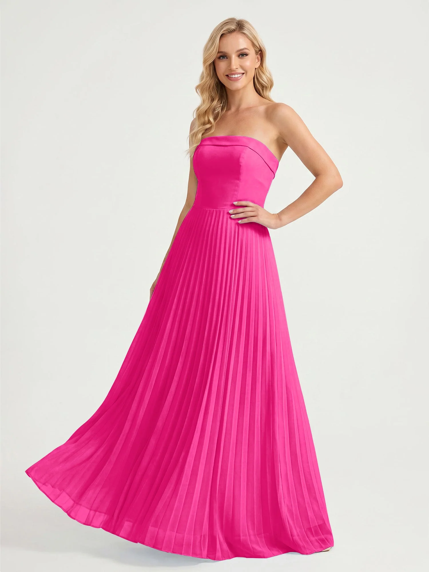 Trägerloses Chiffon Maxikleid mit Plissiertem Rock in A-Linie Fuchsia