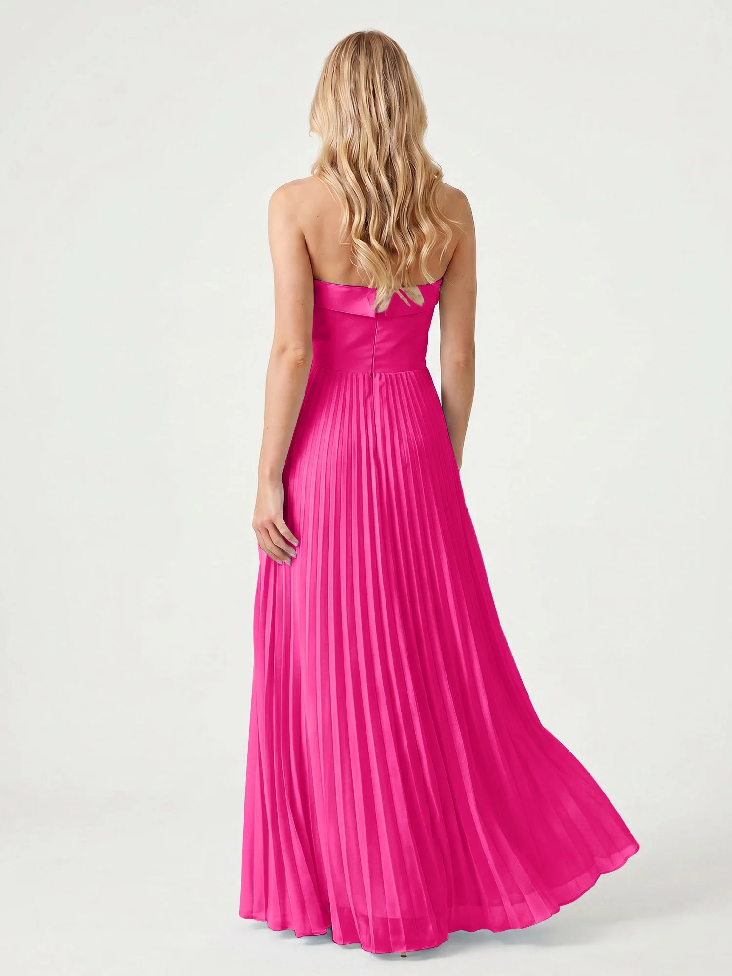 Trägerloses Chiffon Maxikleid mit Plissiertem Rock in A-Linie Fuchsia - Image 2