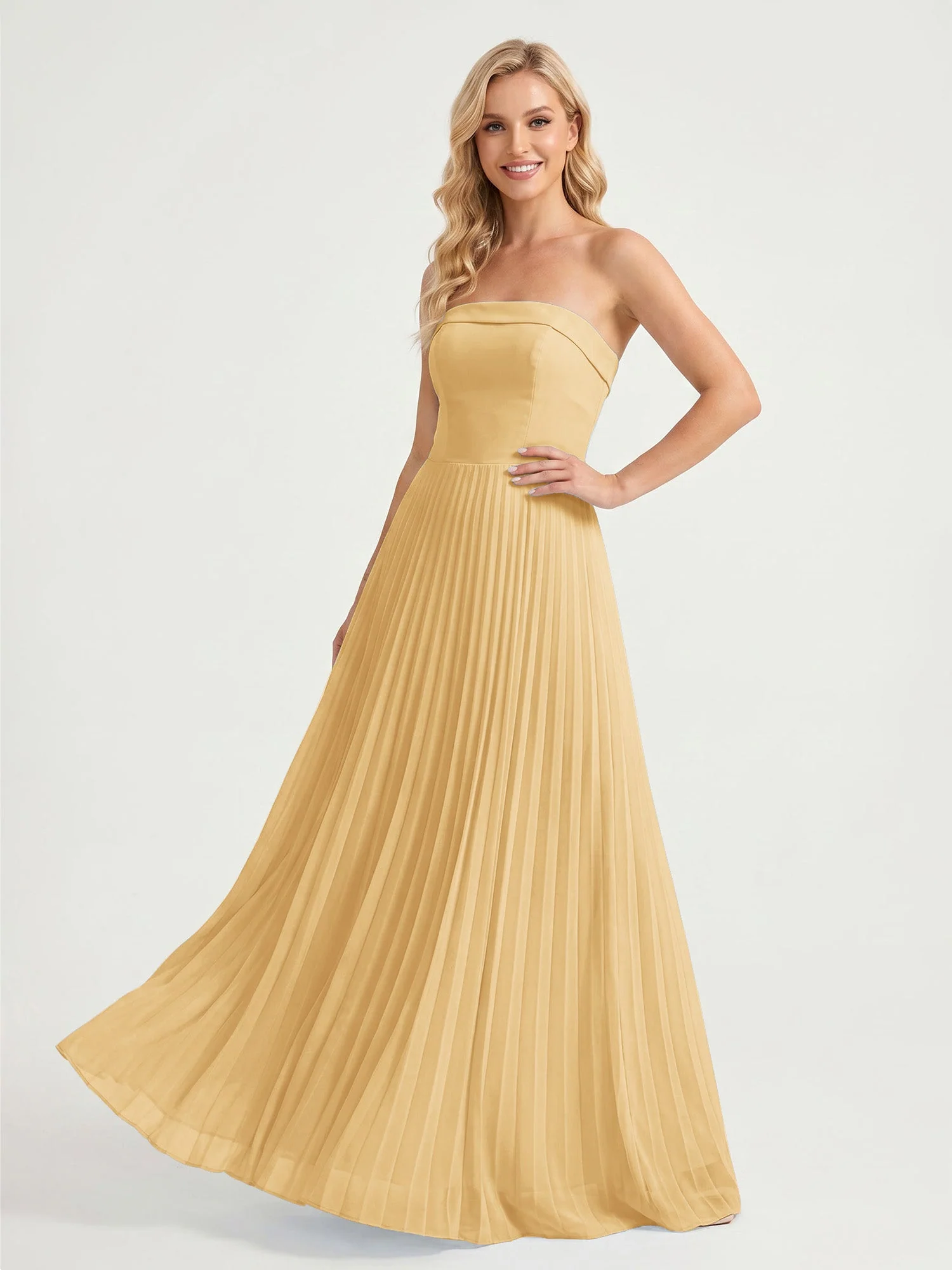 Trägerloses Chiffon Maxikleid mit Plissiertem Rock in A-Linie Gold
