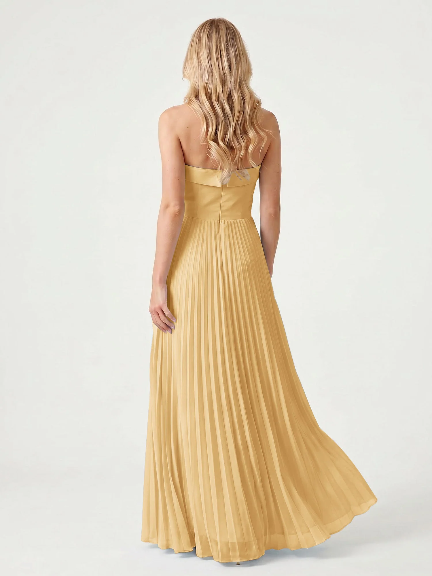 Trägerloses Chiffon Maxikleid mit Plissiertem Rock in A-Linie Gold - Image 2