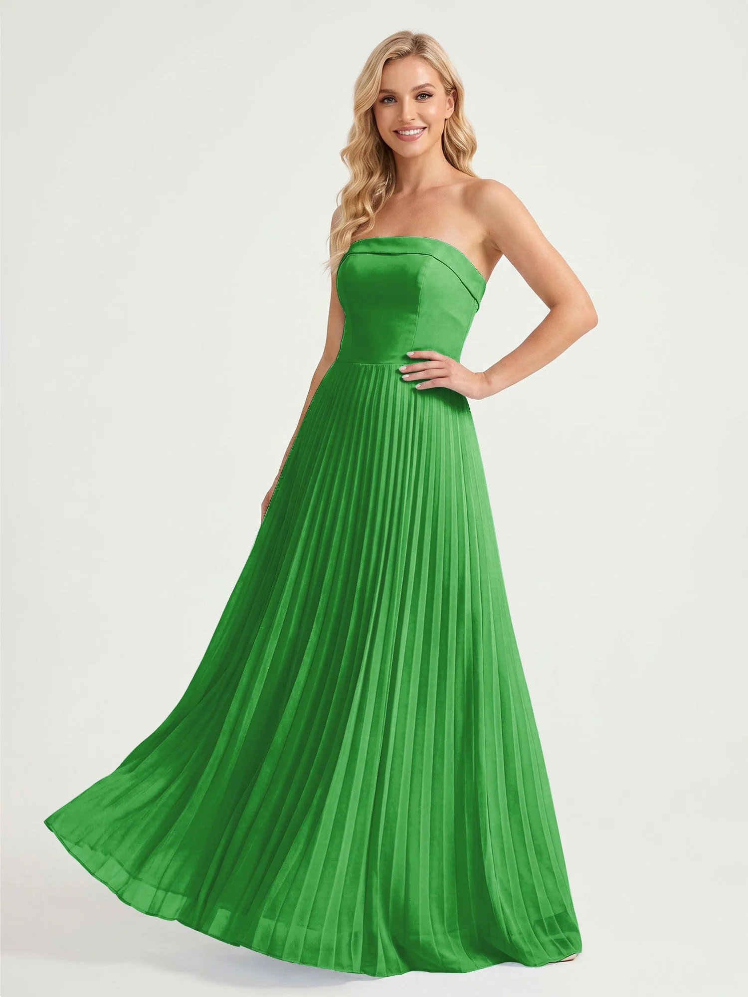 Trägerloses Chiffon Maxikleid mit Plissiertem Rock in A-Linie Grün