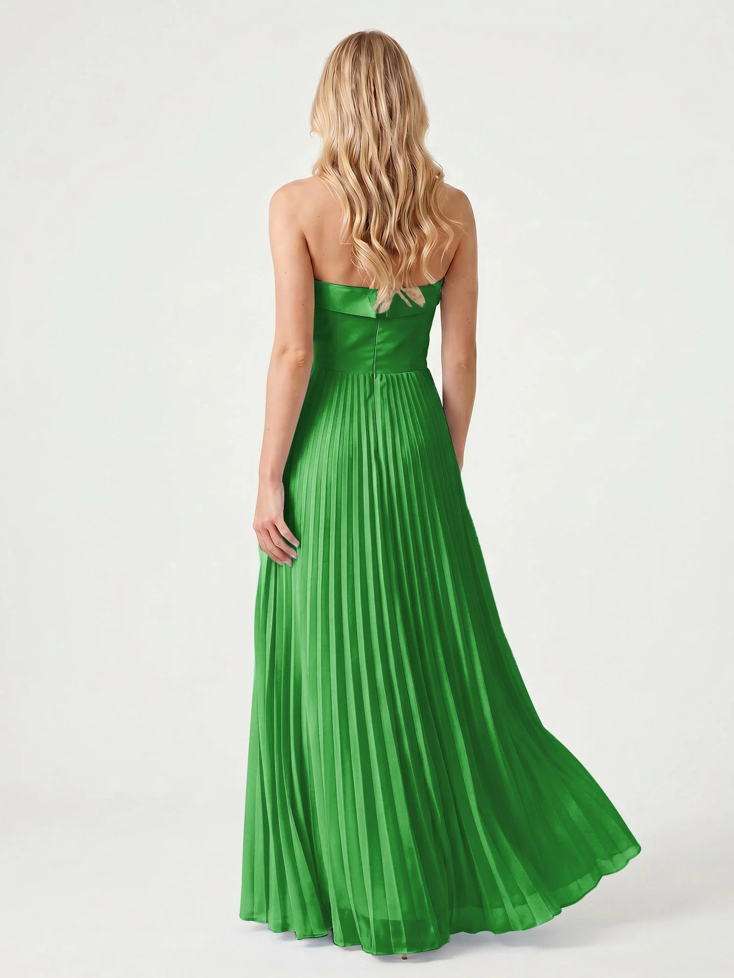 Trägerloses Chiffon Maxikleid mit Plissiertem Rock in A-Linie Grün - Image 2