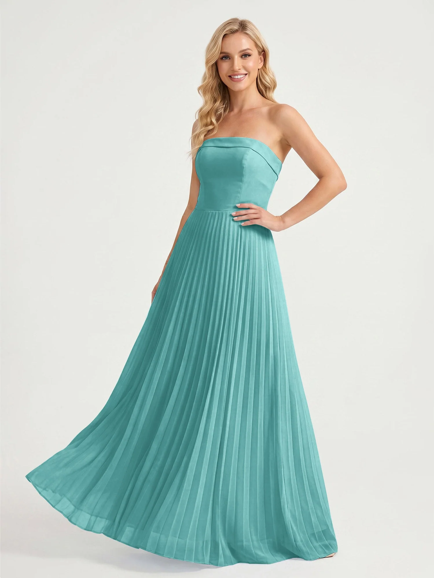 Trägerloses Chiffon Maxikleid mit Plissiertem Rock in A-Linie Jade