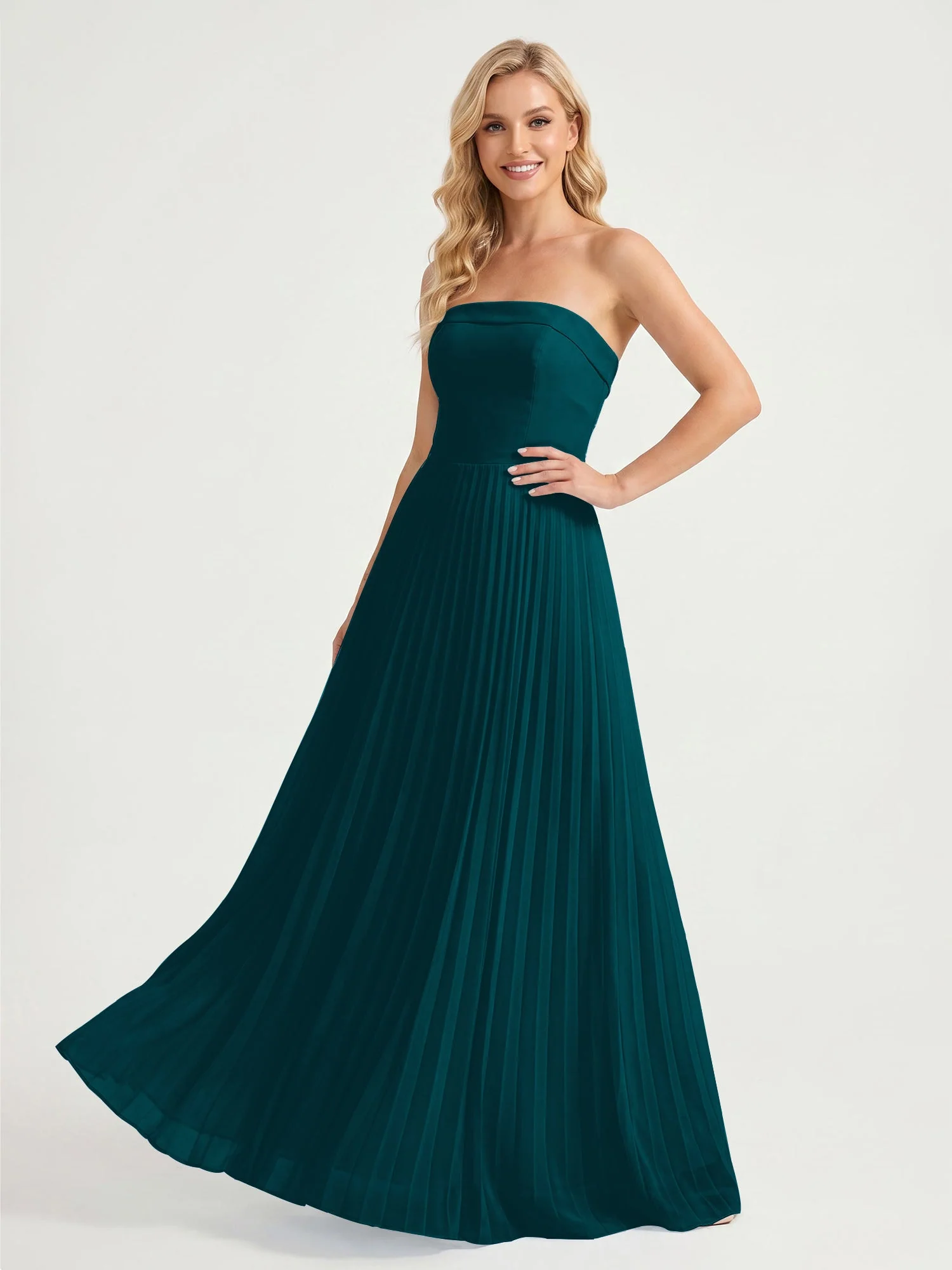 Trägerloses Chiffon Maxikleid mit Plissiertem Rock in A-Linie Kieferngrün