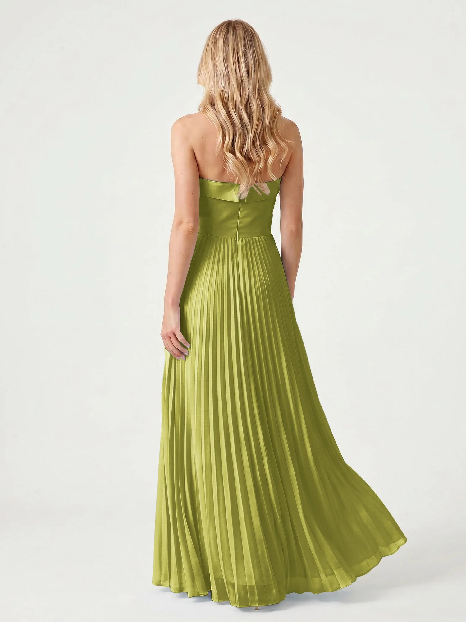 Trägerloses Chiffon Maxikleid mit Plissiertem Rock in A-Linie Kleegrün - Image 2