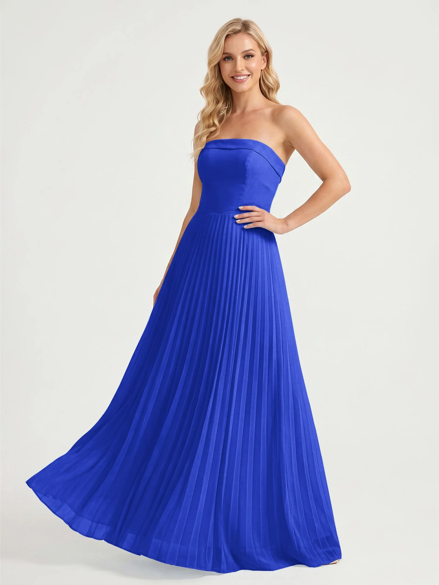 Trägerloses Chiffon Maxikleid mit Plissiertem Rock in A-Linie Königsblau