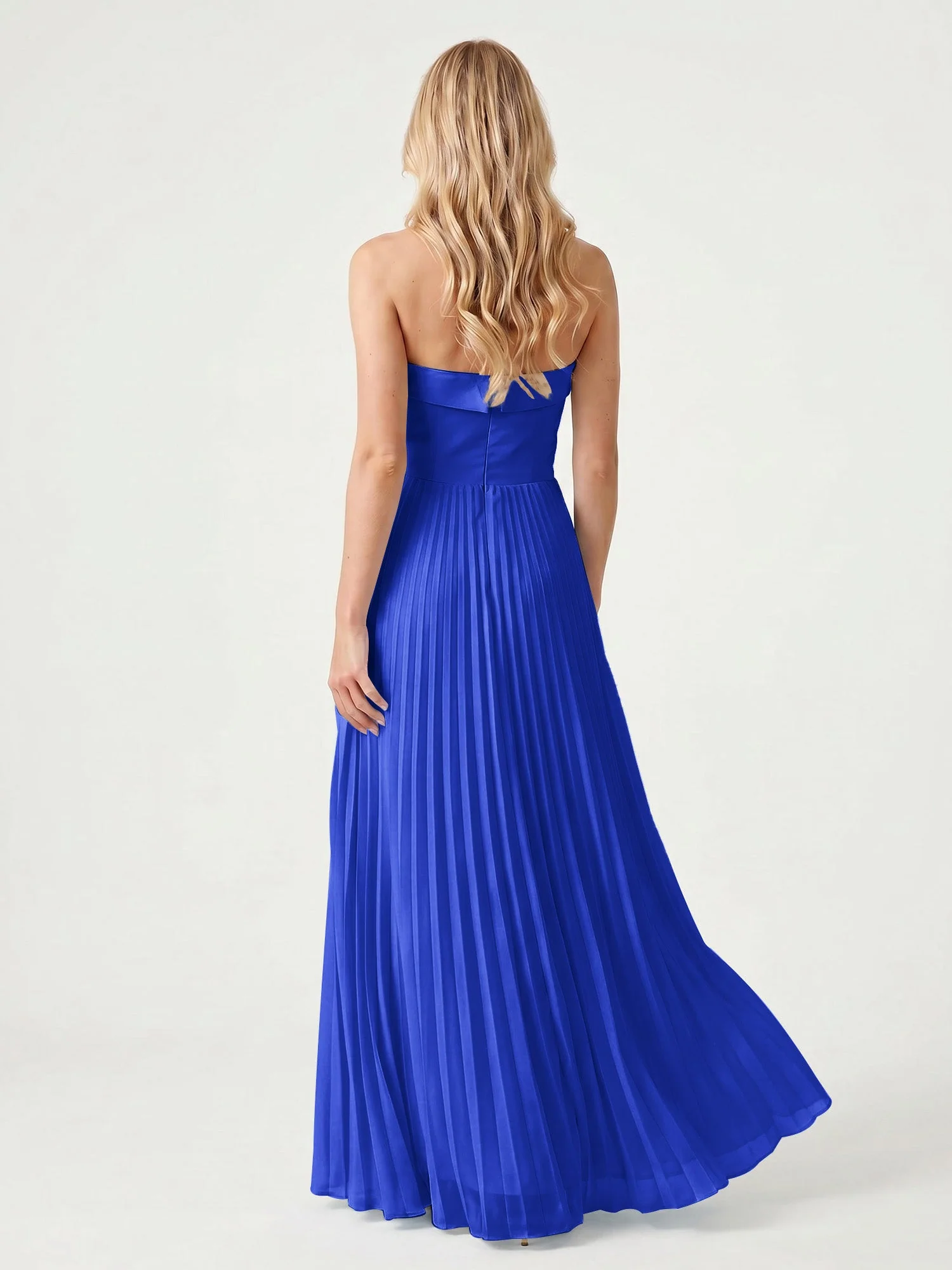 Trägerloses Chiffon Maxikleid mit Plissiertem Rock in A-Linie Königsblau - Image 2