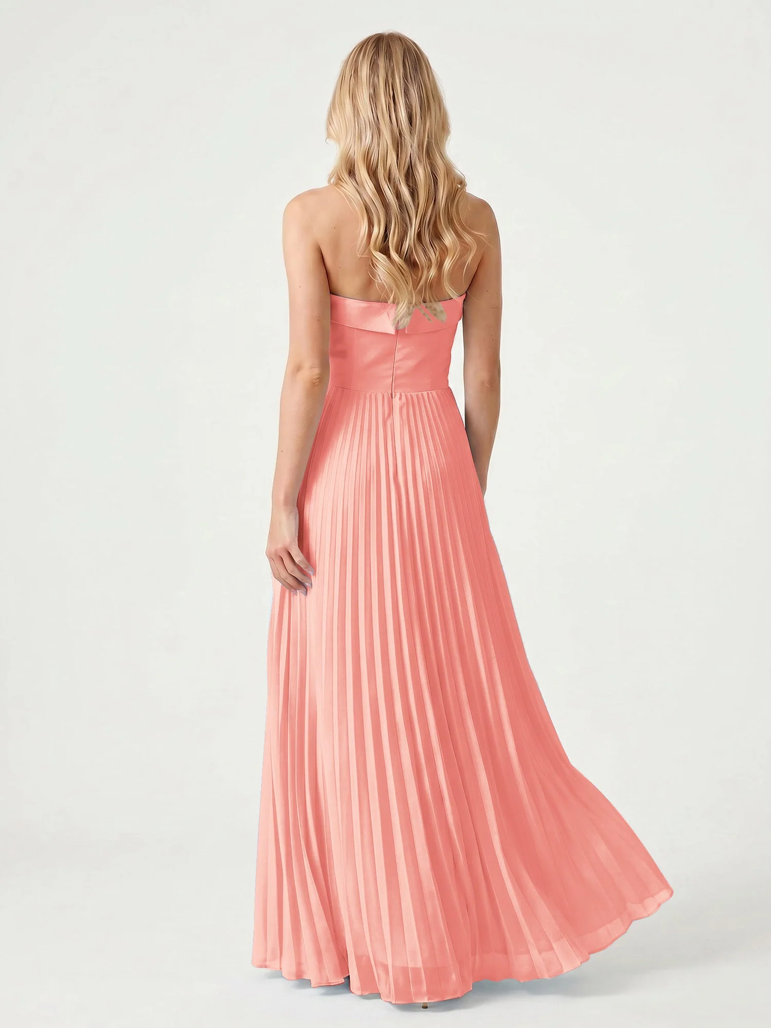 Trägerloses Chiffon Maxikleid mit Plissiertem Rock in A-Linie Koralle - Image 2