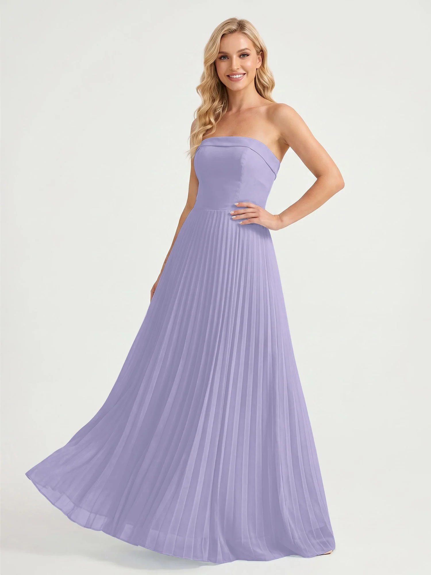 Trägerloses Chiffon Maxikleid mit Plissiertem Rock in A-Linie Lavendel