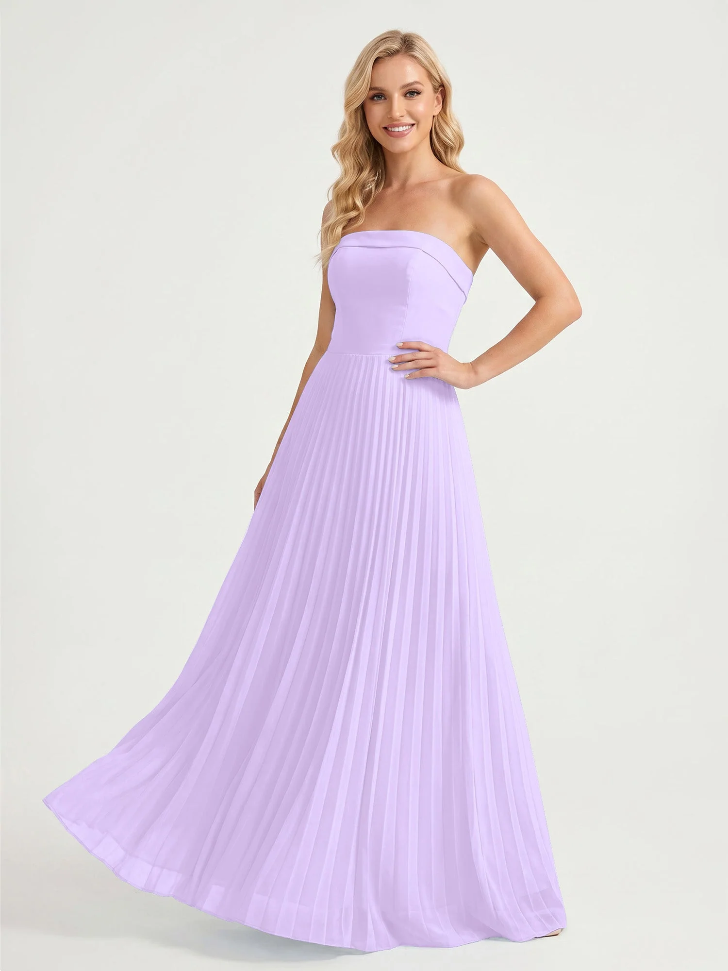 Trägerloses Chiffon Maxikleid mit Plissiertem Rock in A-Linie Lila
