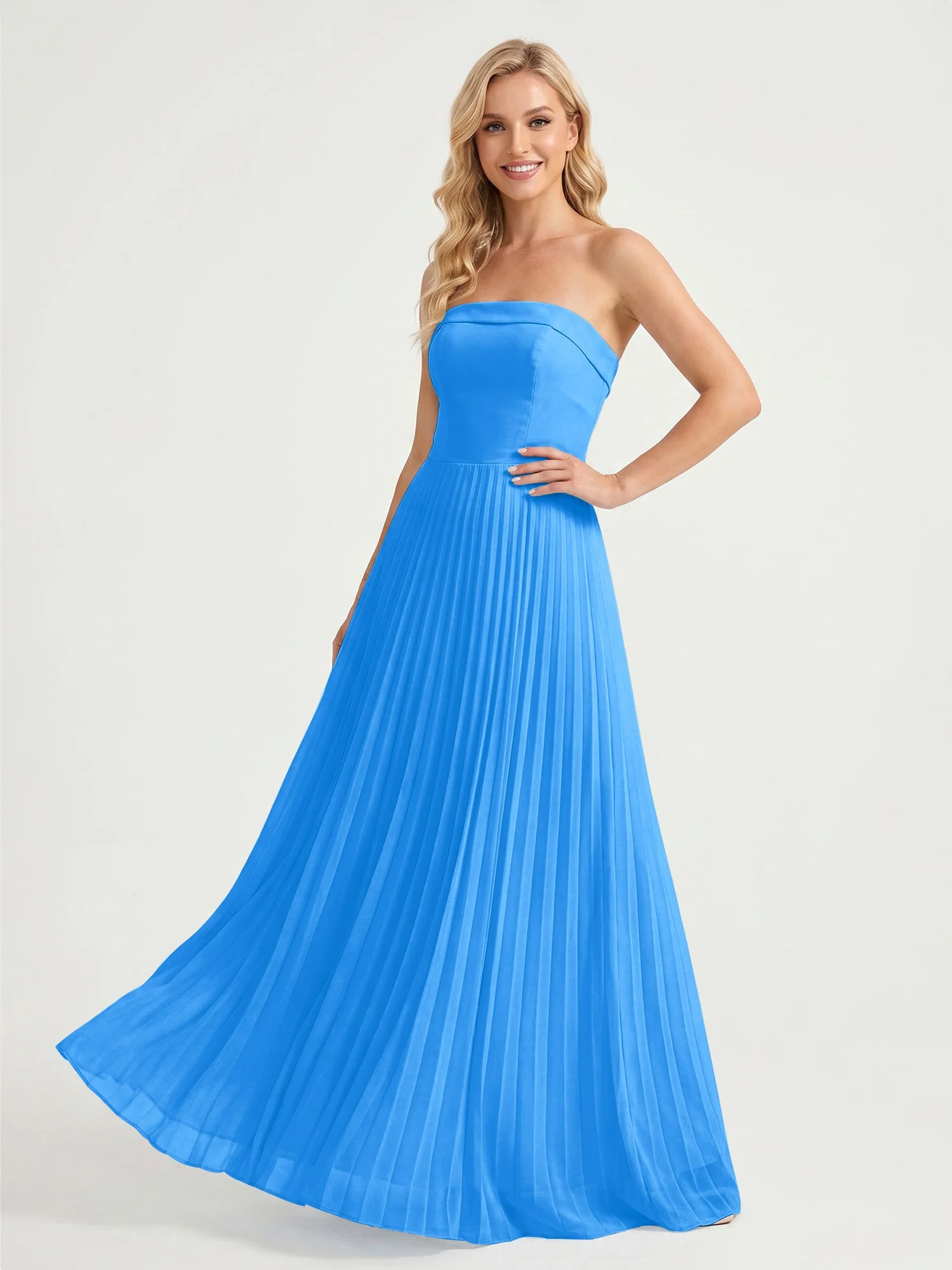 Trägerloses Chiffon Maxikleid mit Plissiertem Rock in A-Linie Meerblau