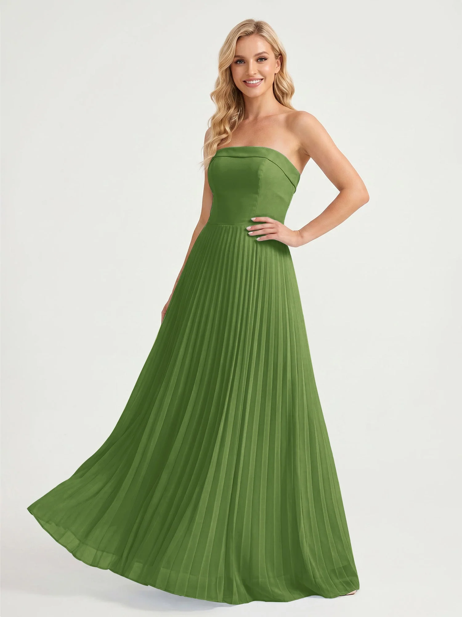 Trägerloses Chiffon Maxikleid mit Plissiertem Rock in A-Linie Moos