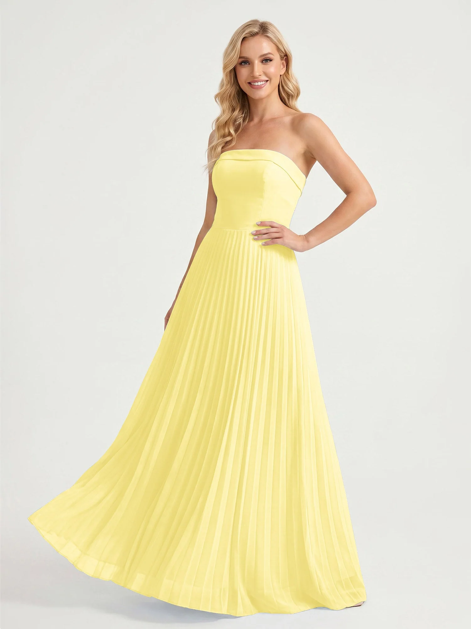 Trägerloses Chiffon Maxikleid mit Plissiertem Rock in A-Linie Narzisse