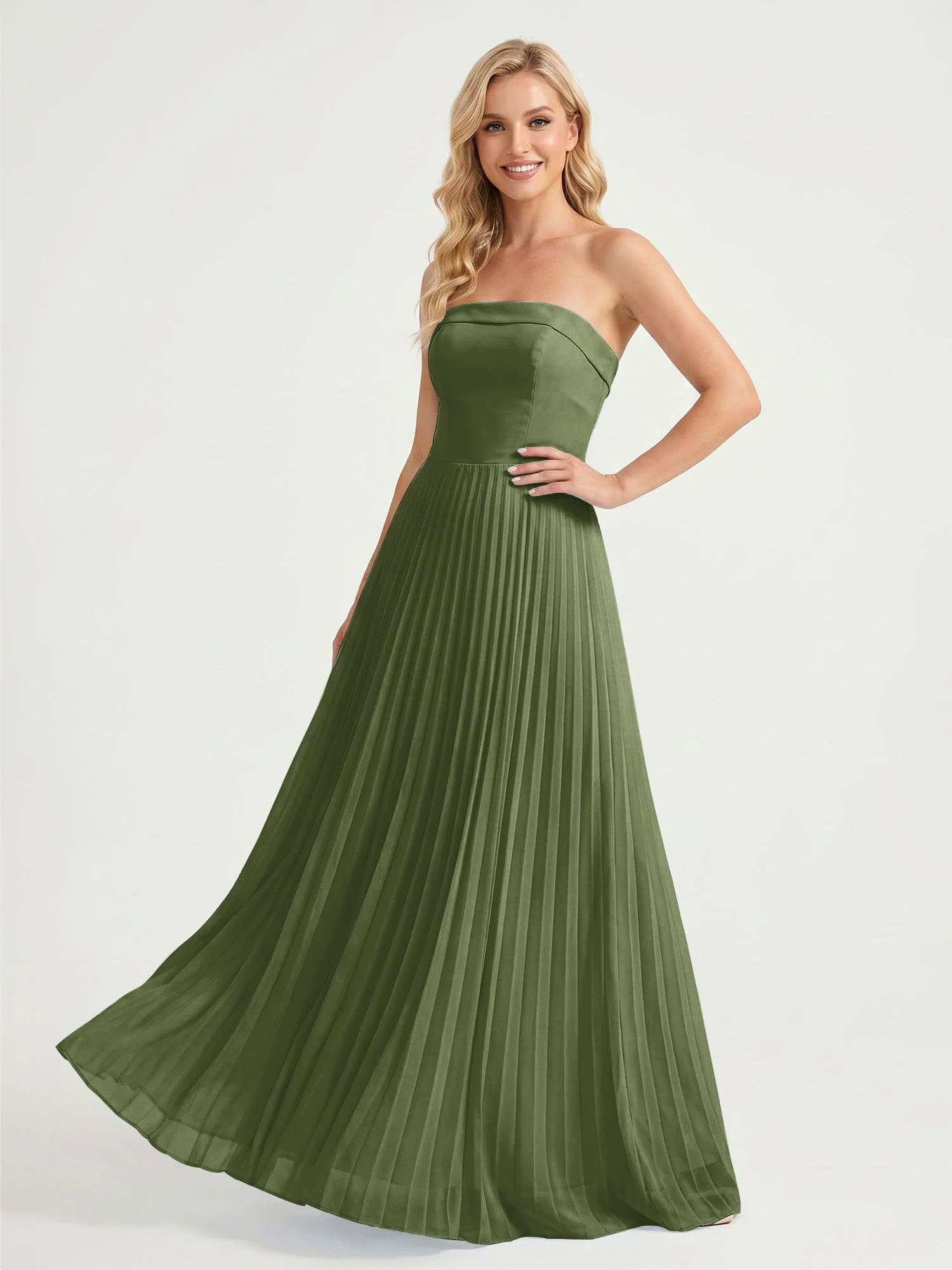 Trägerloses Chiffon Maxikleid mit Plissiertem Rock in A-Linie Olivgrün