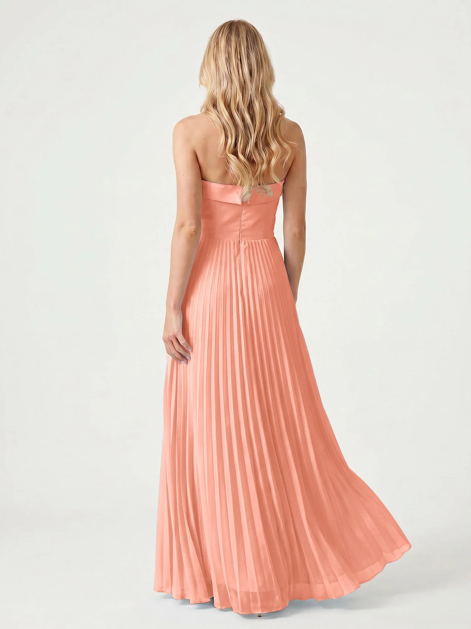 Trägerloses Chiffon Maxikleid mit Plissiertem Rock in A-Linie Papaya - Image 2