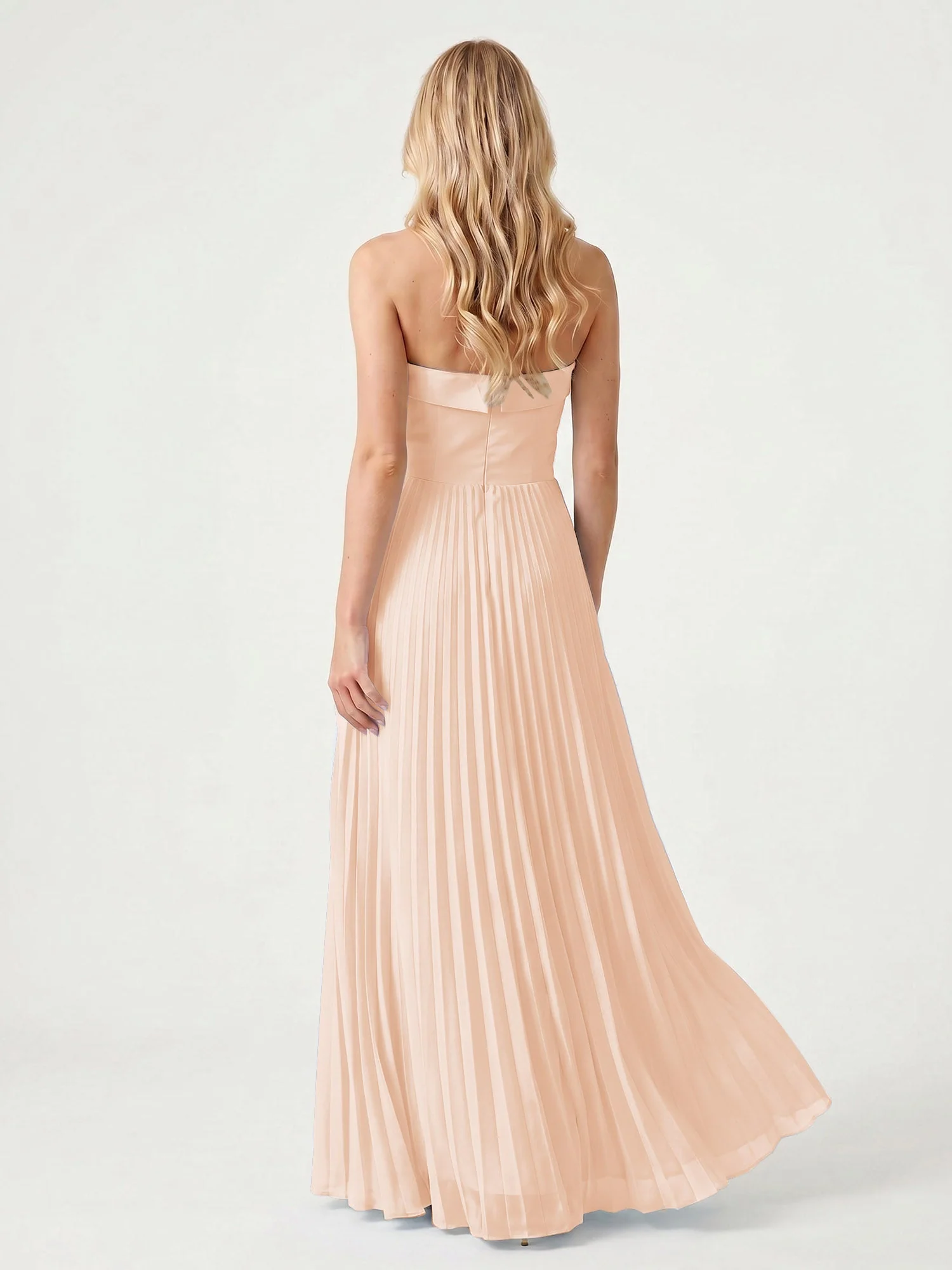 Trägerloses Chiffon Maxikleid mit Plissiertem Rock in A-Linie Perlrosa - Image 2