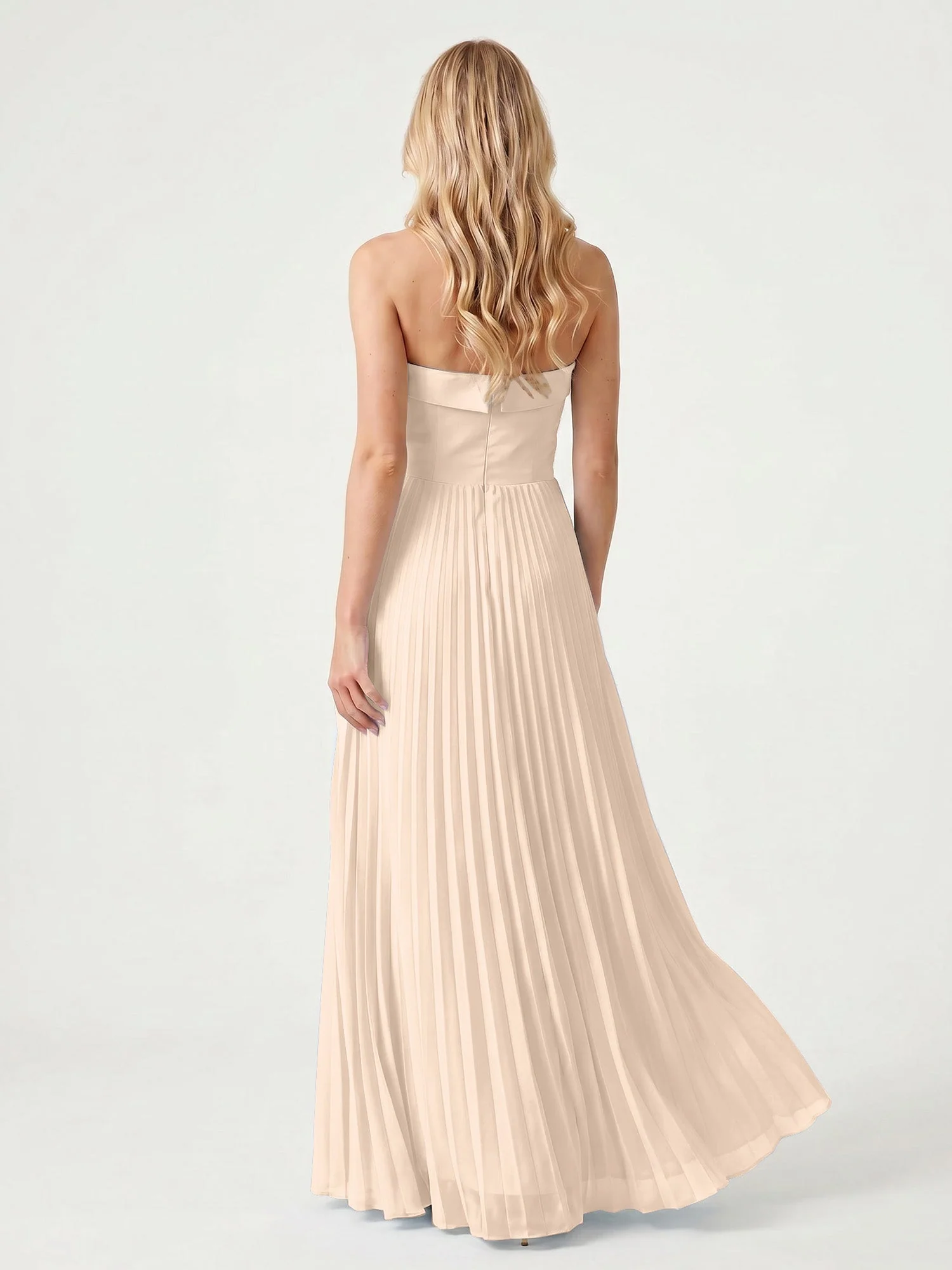 Trägerloses Chiffon Maxikleid mit Plissiertem Rock in A-Linie Pfirsich - Image 2