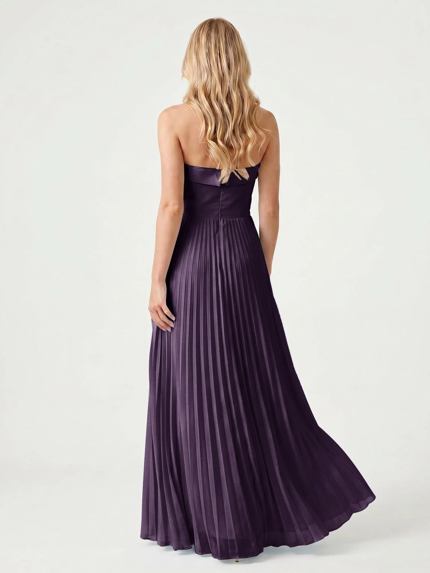 Trägerloses Chiffon Maxikleid mit Plissiertem Rock in A-Linie Plum - Image 2