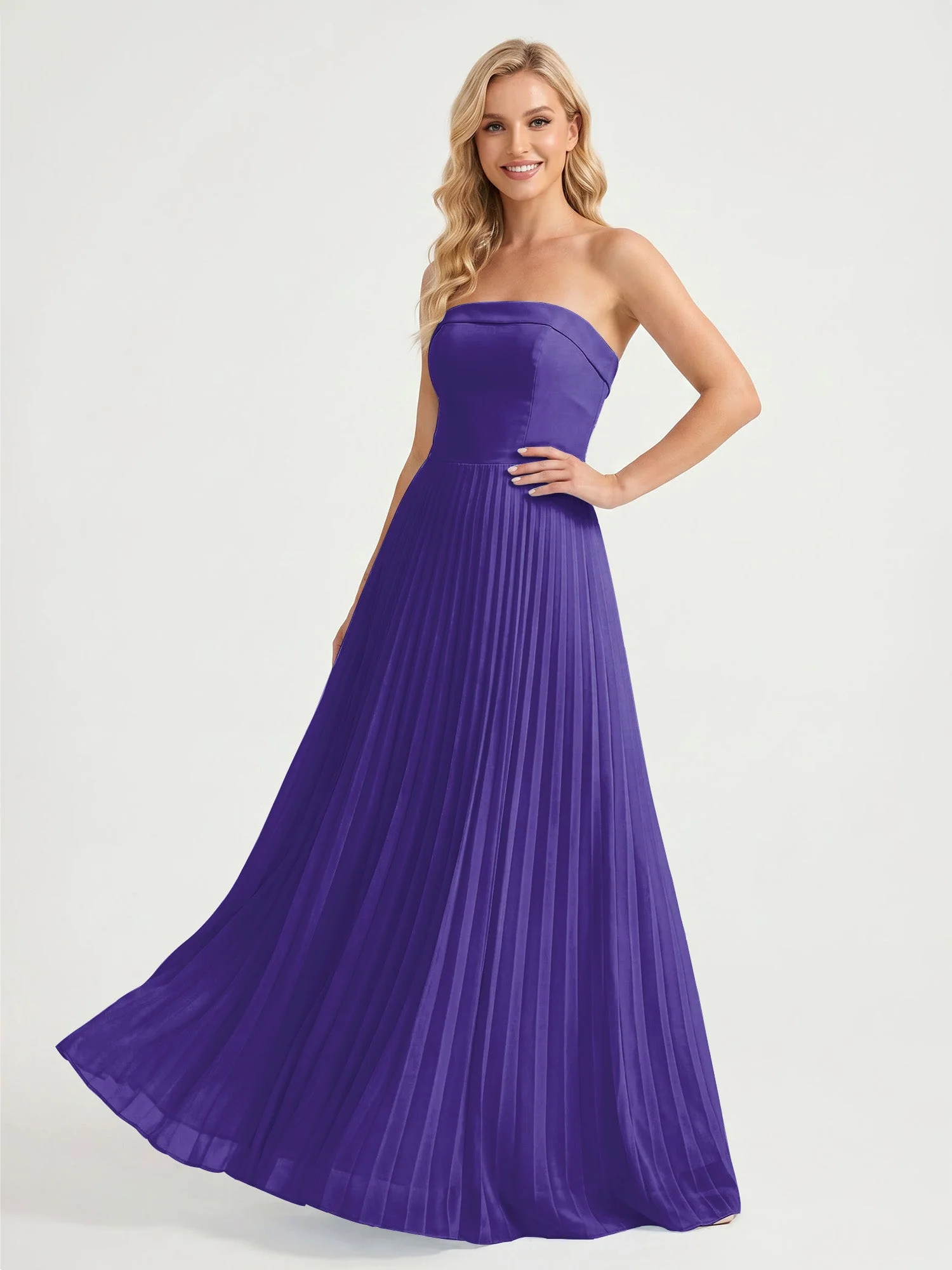 Trägerloses Chiffon Maxikleid mit Plissiertem Rock in A-Linie Regentschaft