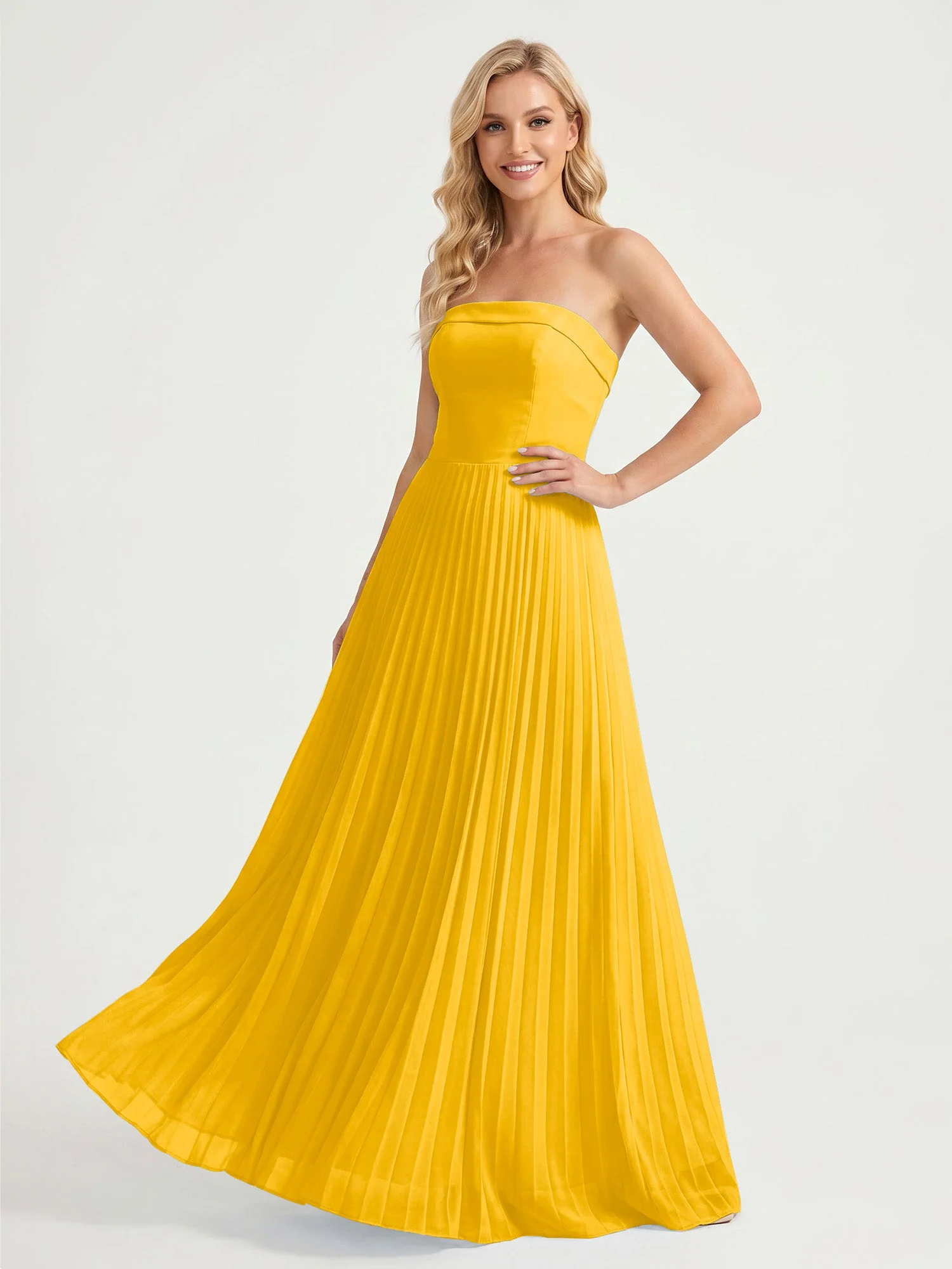 Trägerloses Chiffon Maxikleid mit Plissiertem Rock in A-Linie Ringelblume
