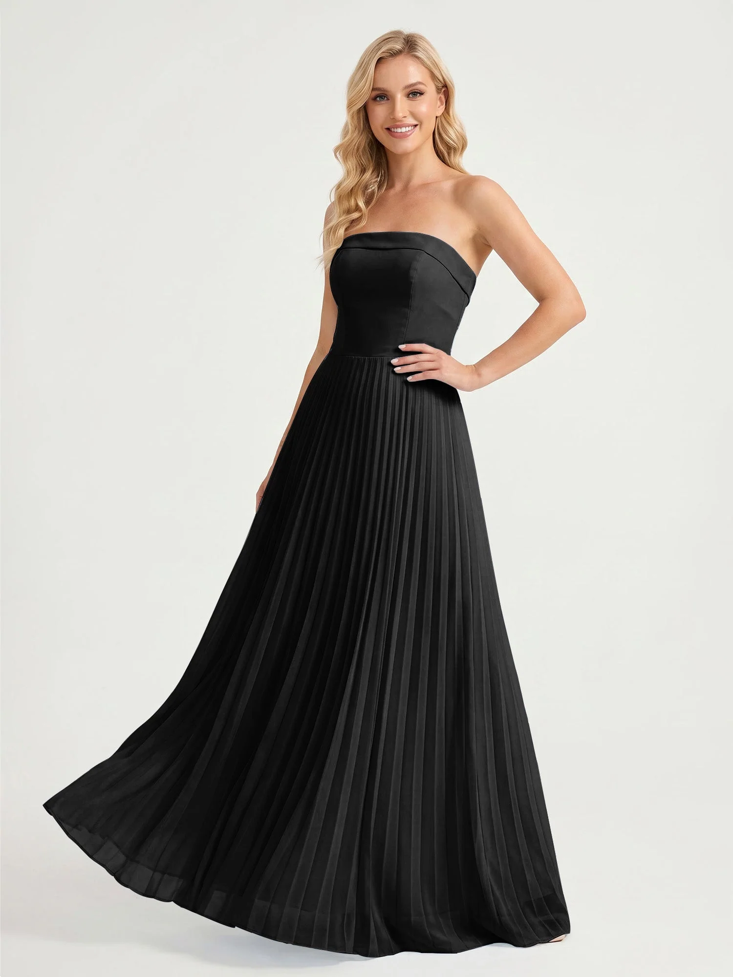 Trägerloses Chiffon Maxikleid mit Plissiertem Rock in A-Linie Schwarz