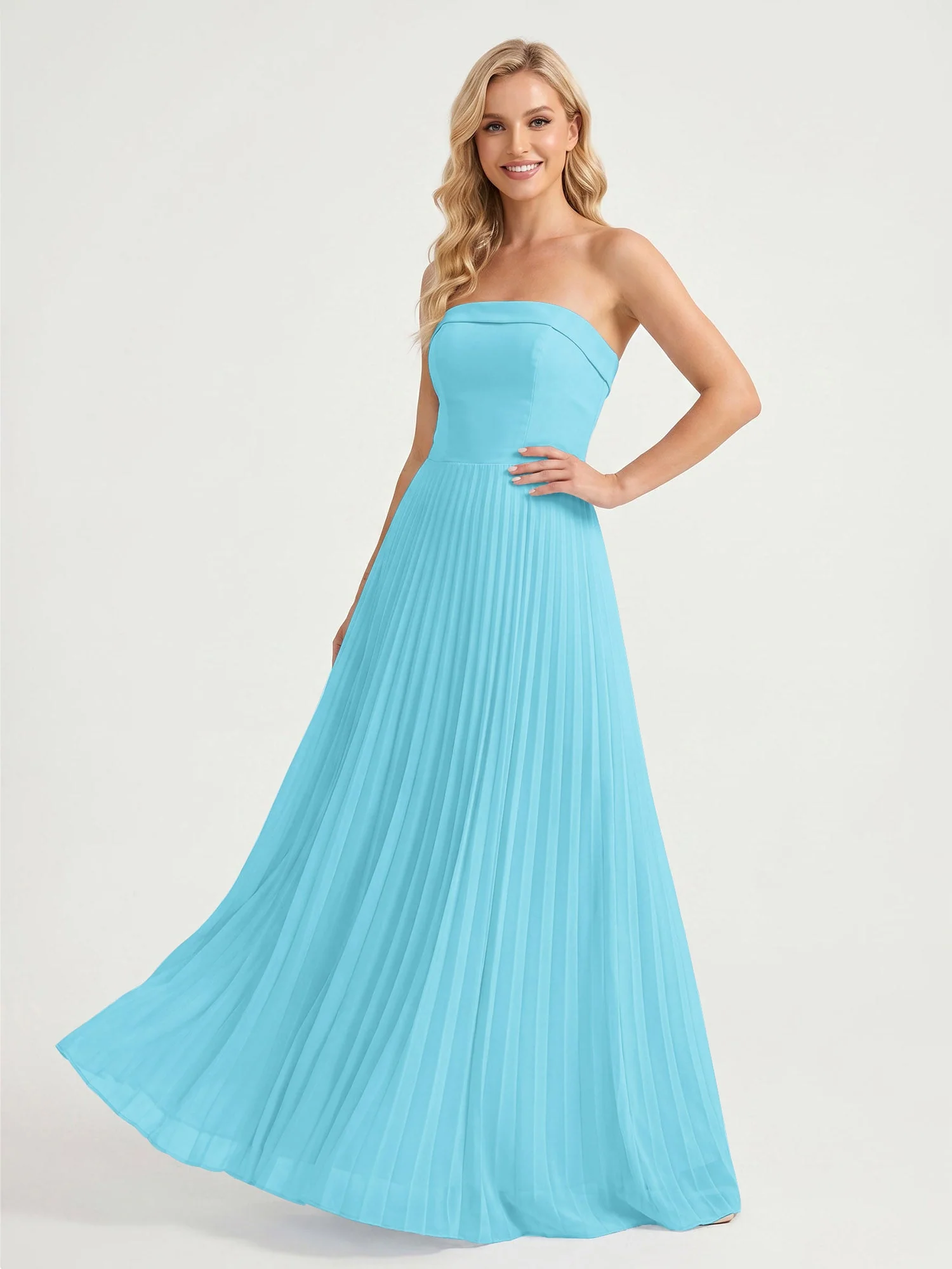 Trägerloses Chiffon Maxikleid mit Plissiertem Rock in A-Linie Schwimmbadblau