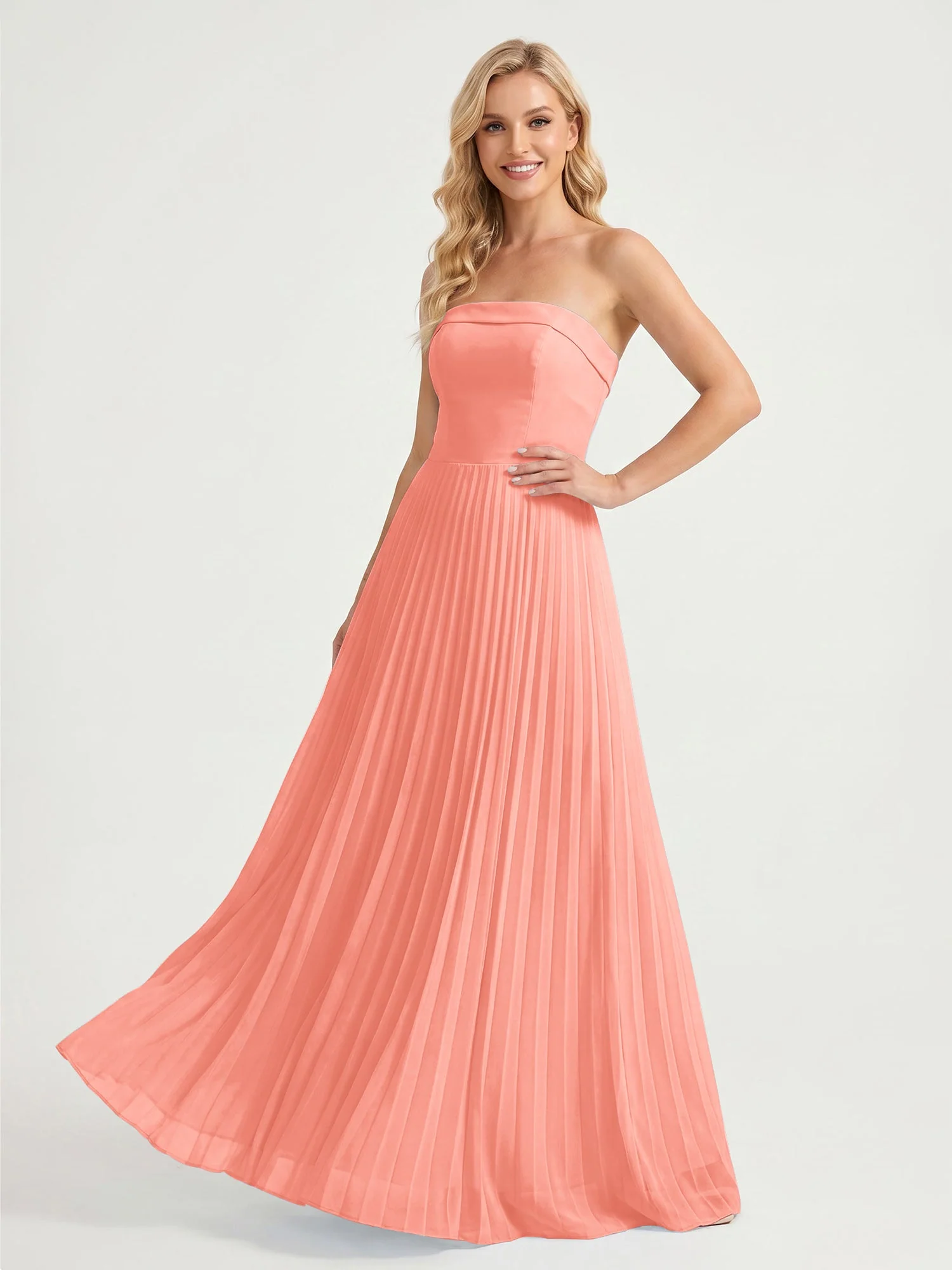 Trägerloses Chiffon Maxikleid mit Plissiertem Rock in A-Linie Sonnenuntergang