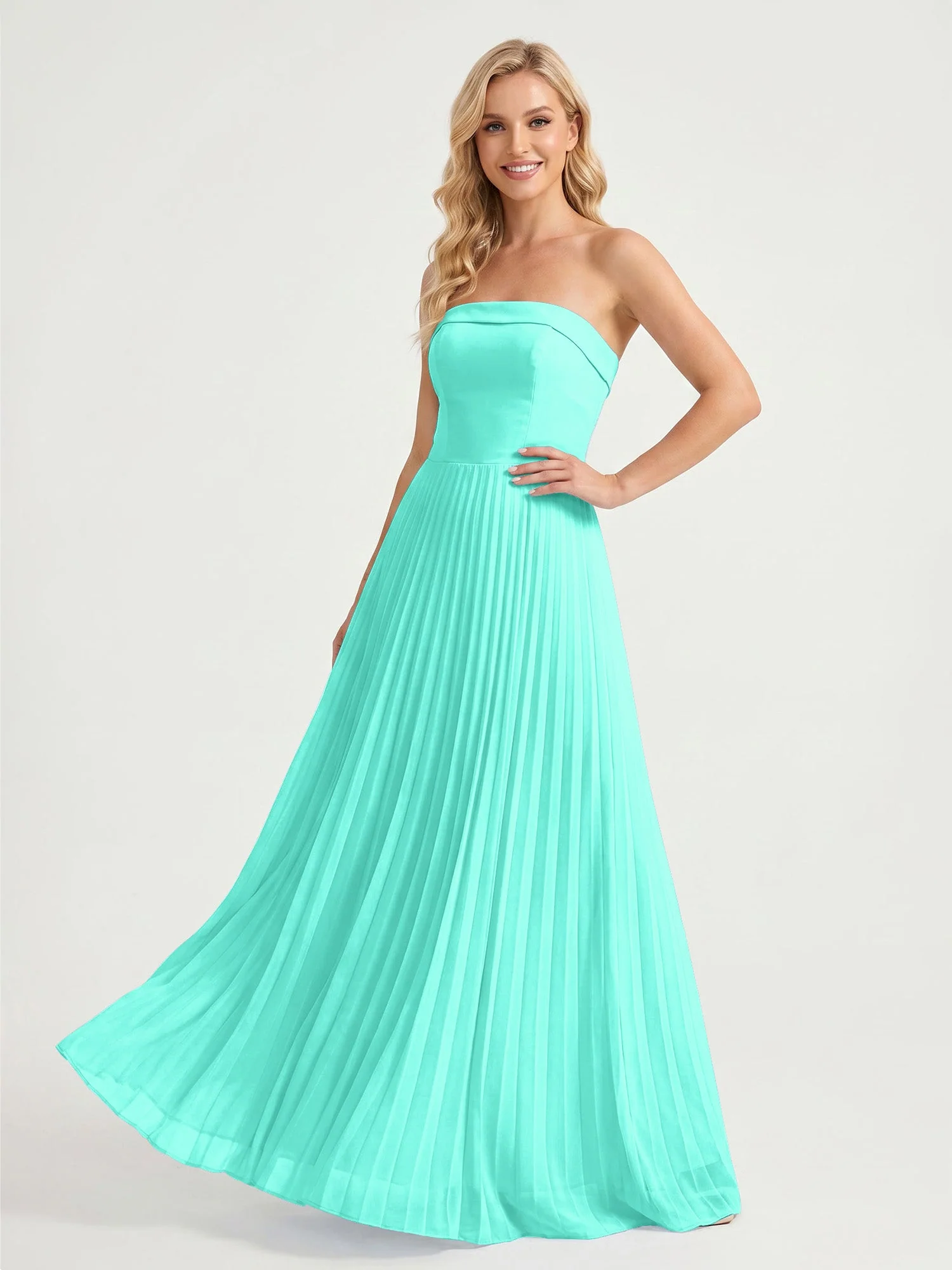 Trägerloses Chiffon Maxikleid mit Plissiertem Rock in A-Linie Spa