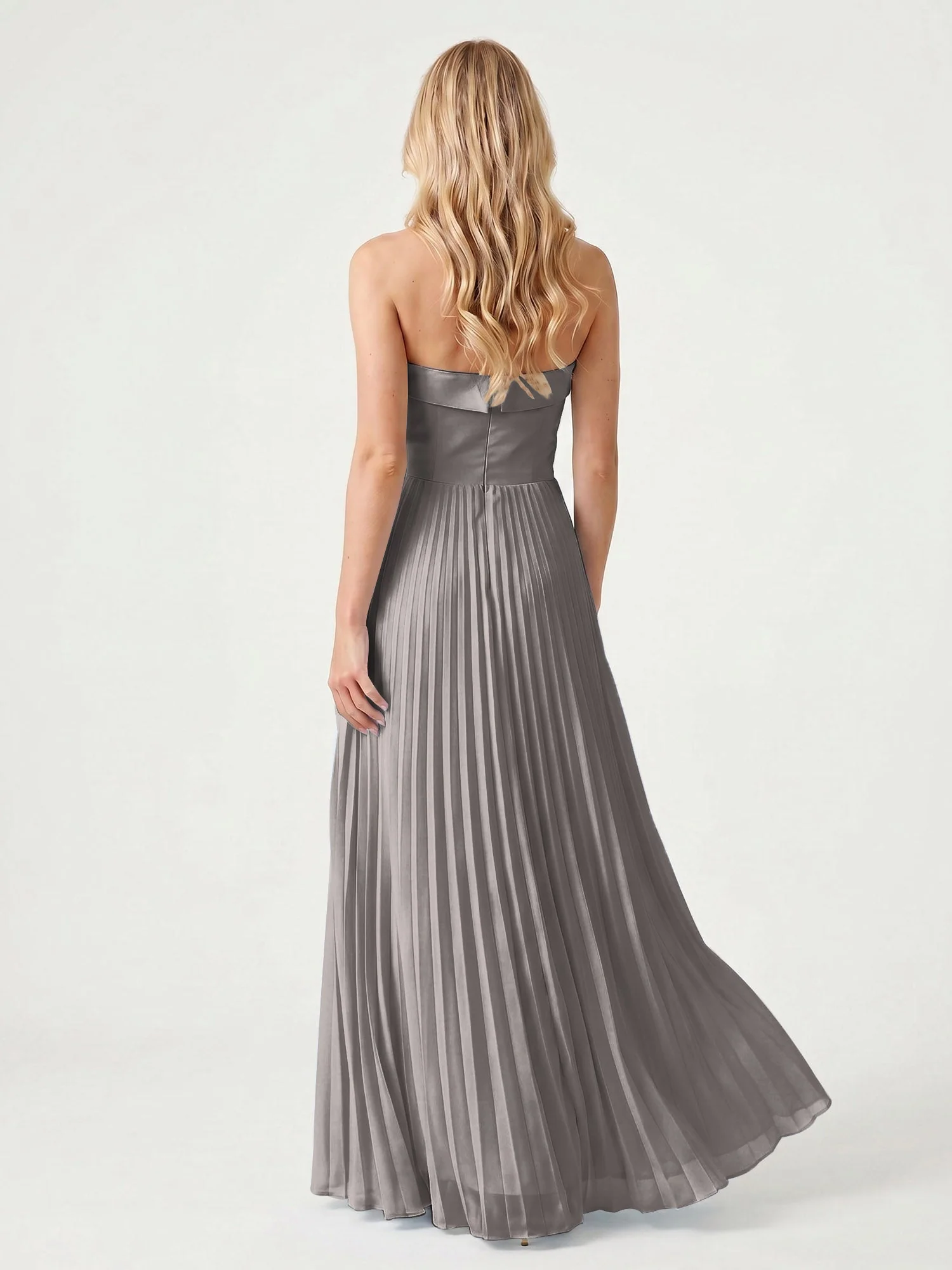 Trägerloses Chiffon Maxikleid mit Plissiertem Rock in A-Linie Stahlgrau - Image 2