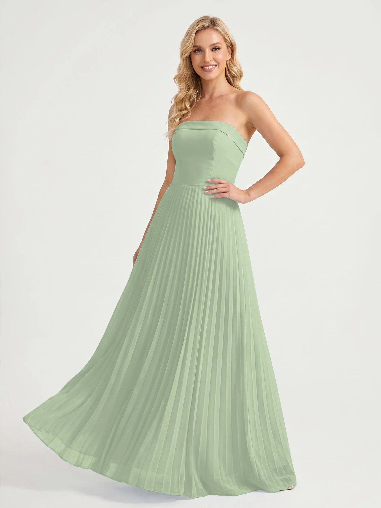 Trägerloses Chiffon Maxikleid mit Plissiertem Rock in A-Linie Staubiges Salbei