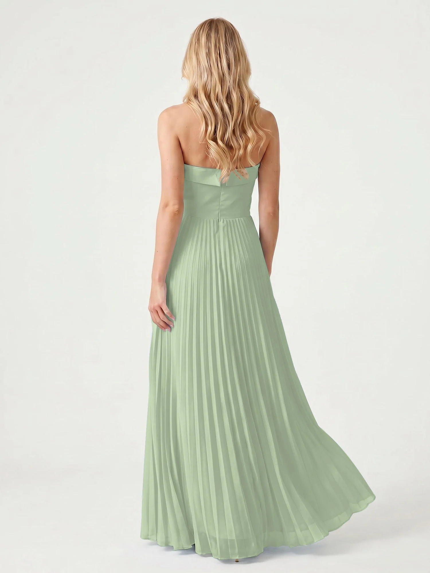 Trägerloses Chiffon Maxikleid mit Plissiertem Rock in A-Linie Staubiges Salbei - Image 2