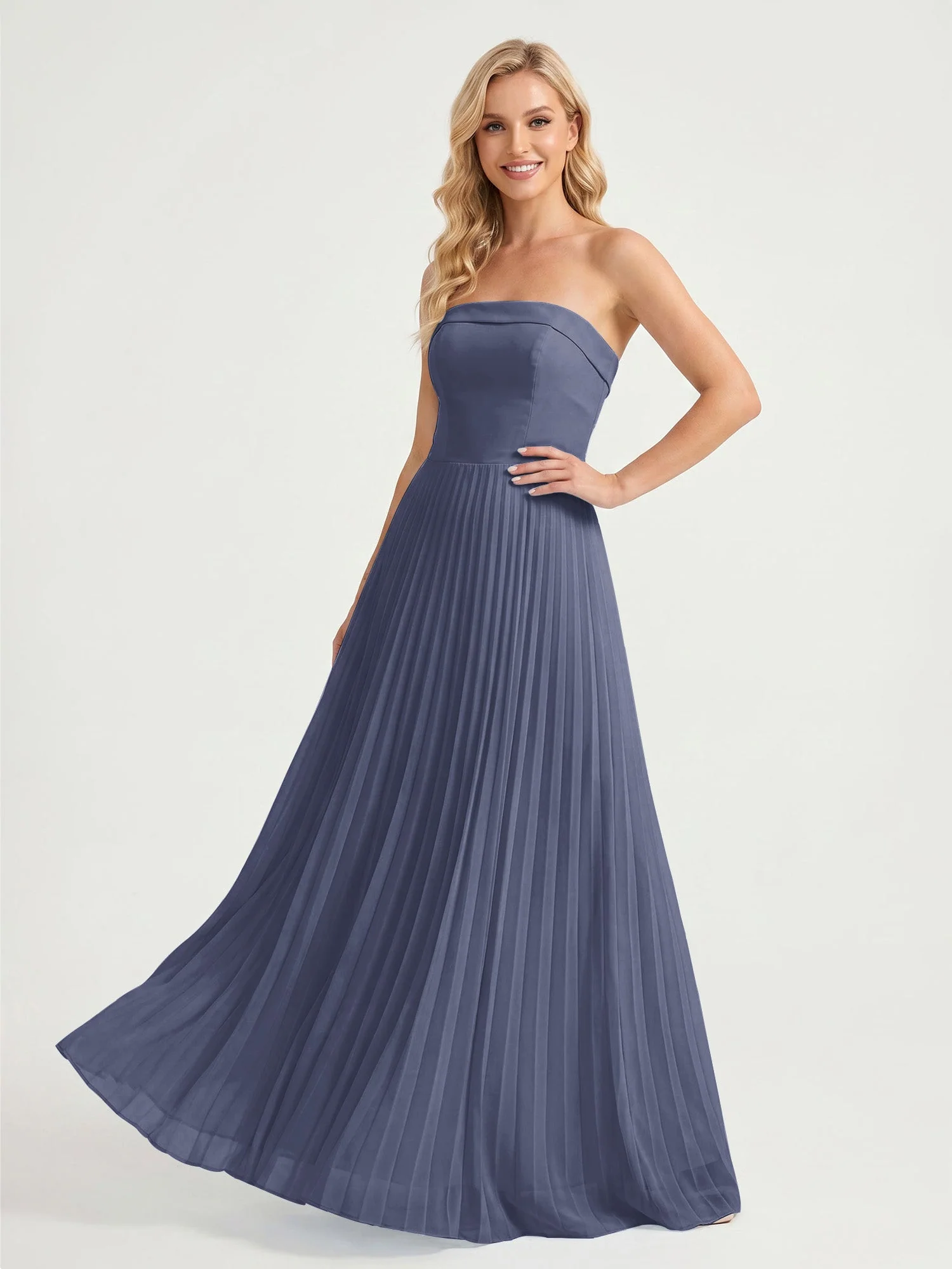 Trägerloses Chiffon Maxikleid mit Plissiertem Rock in A-Linie Sturm