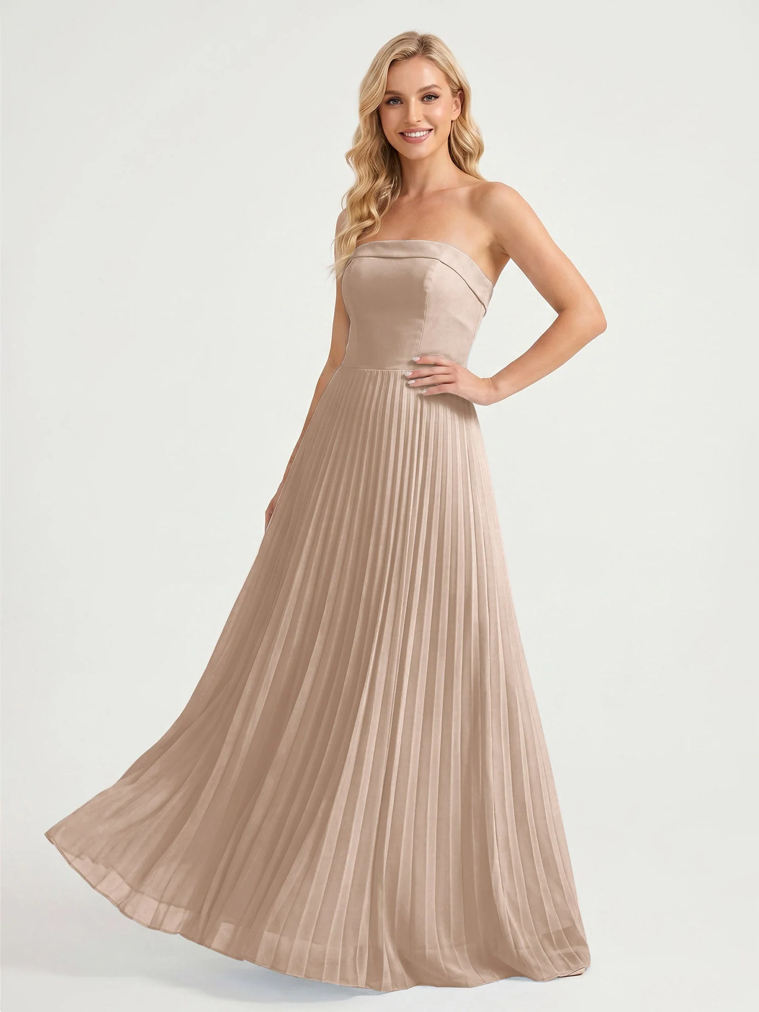 Trägerloses Chiffon Maxikleid mit Plissiertem Rock in A-Linie Taupe