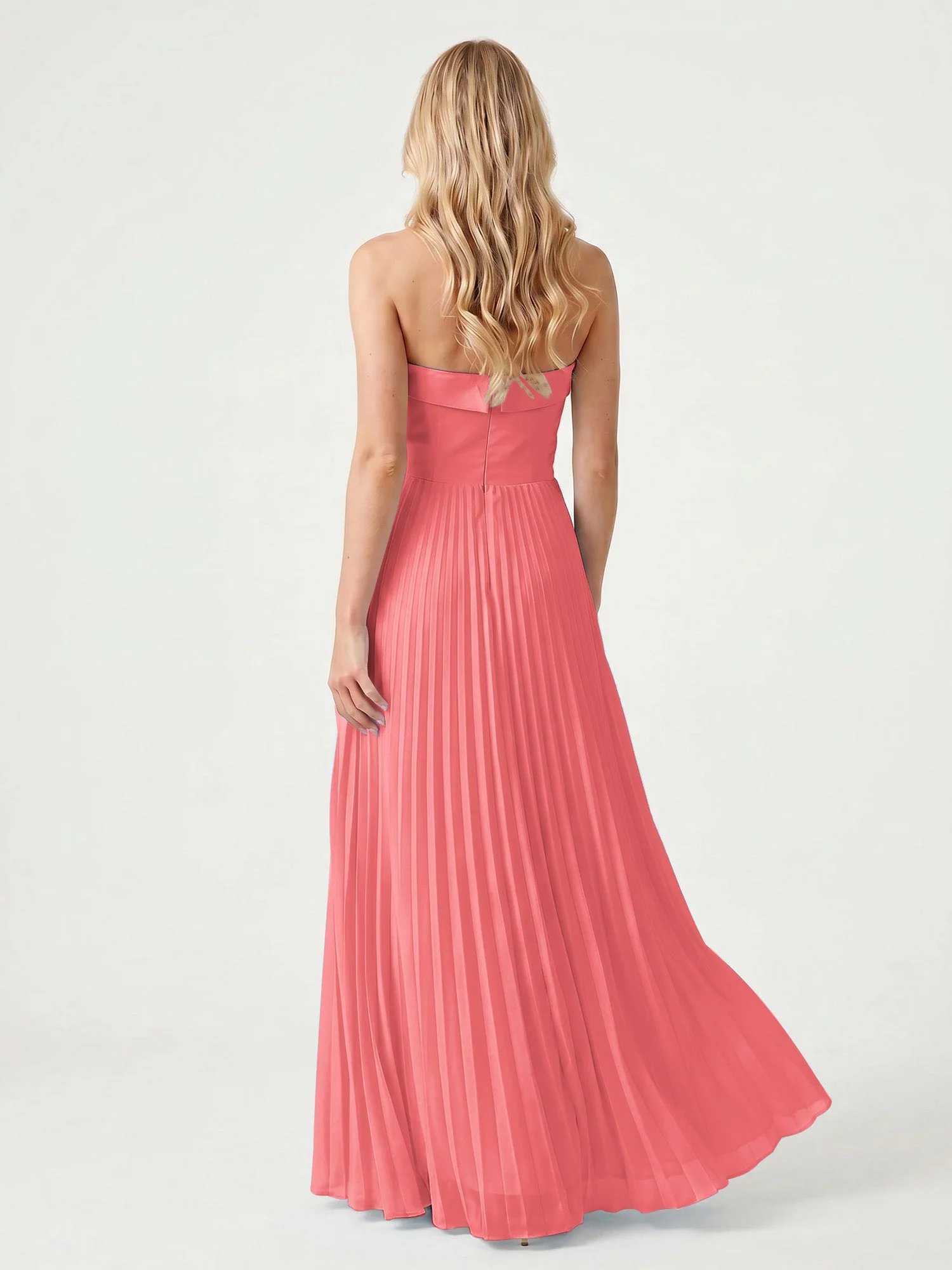 Trägerloses Chiffon Maxikleid mit Plissiertem Rock in A-Linie Wassermelone - Image 2