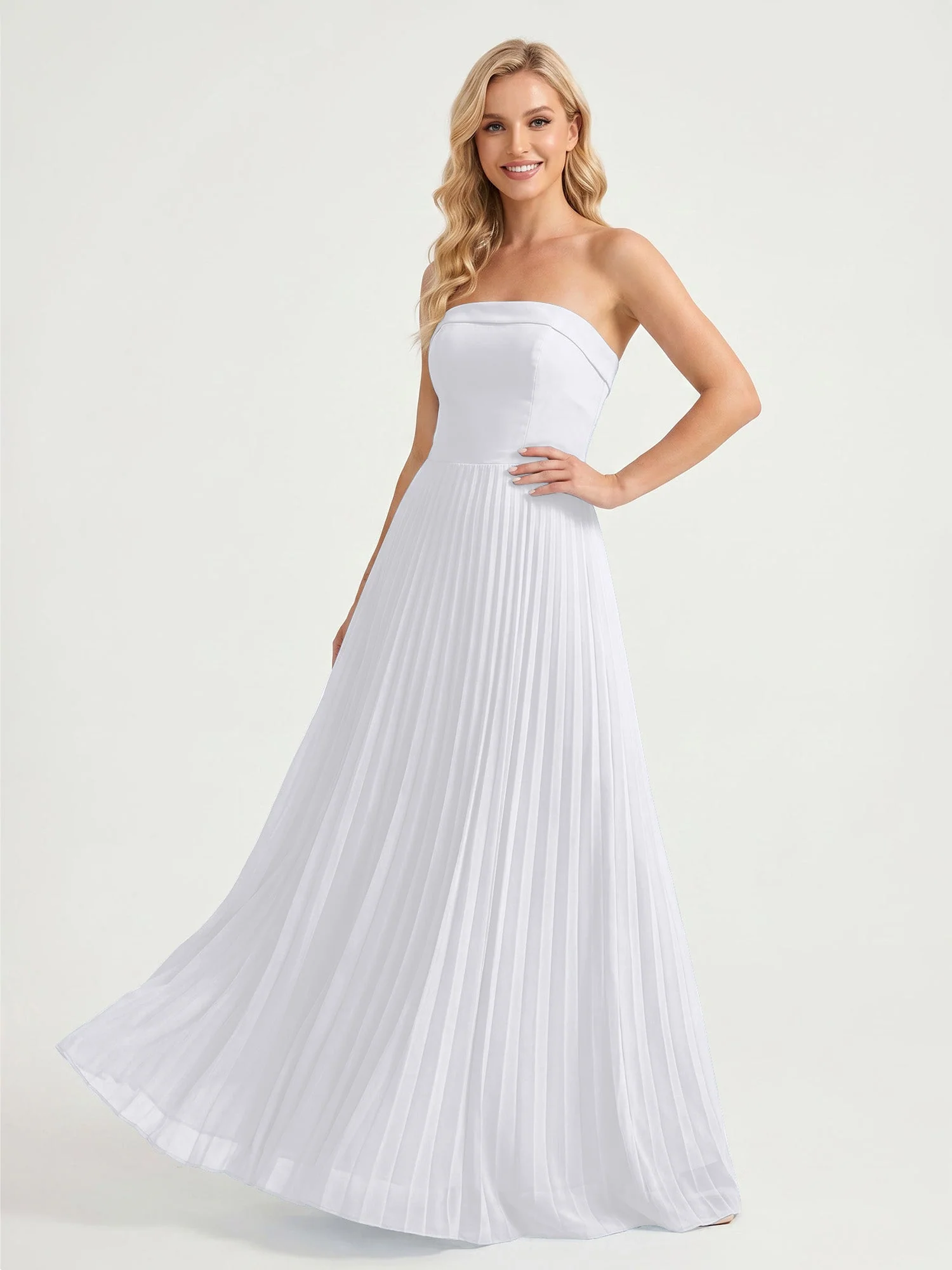 Trägerloses Chiffon Maxikleid mit Plissiertem Rock in A-Linie Weiß