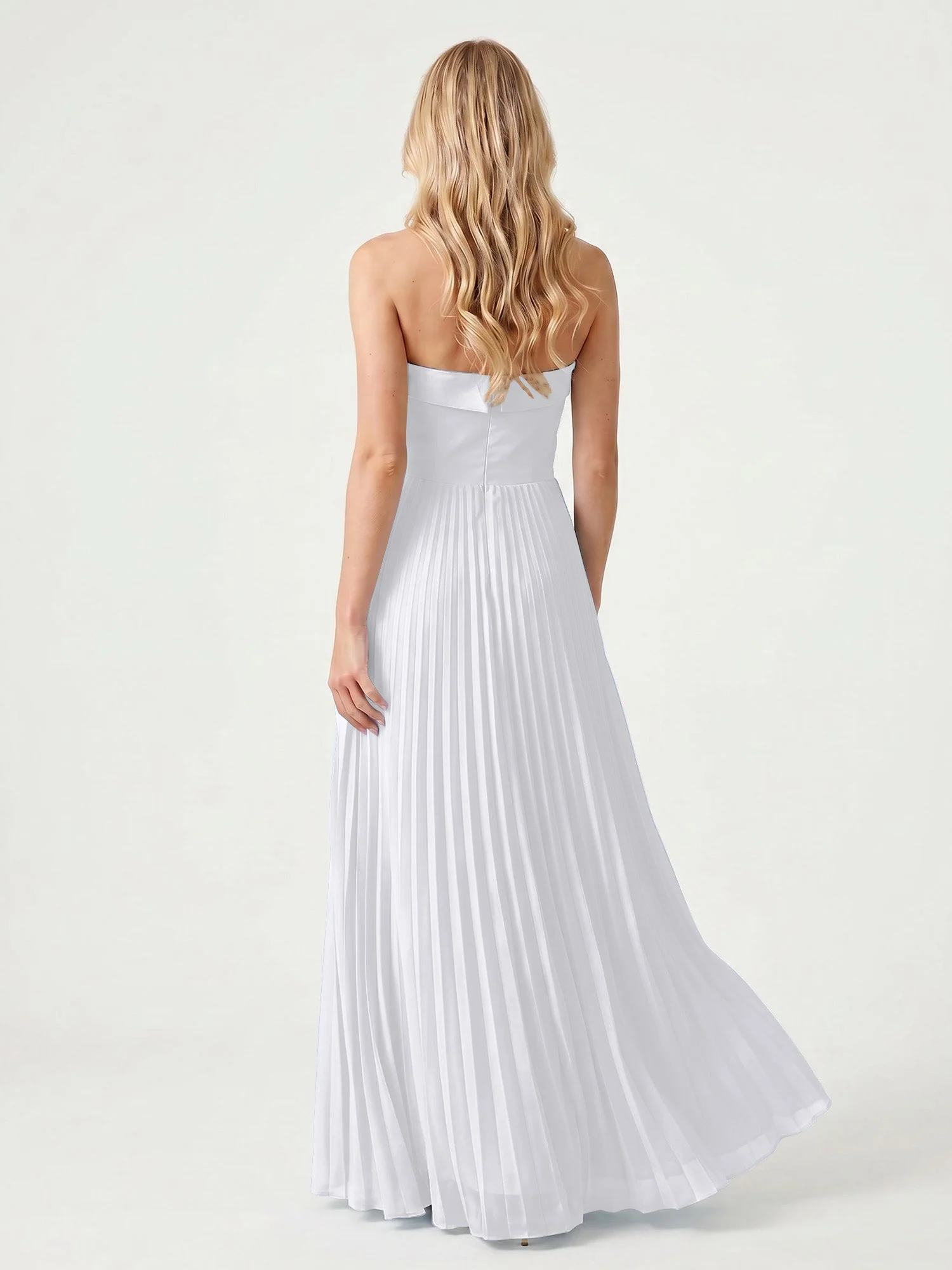 Trägerloses Chiffon Maxikleid mit Plissiertem Rock in A-Linie Weiß - Image 2