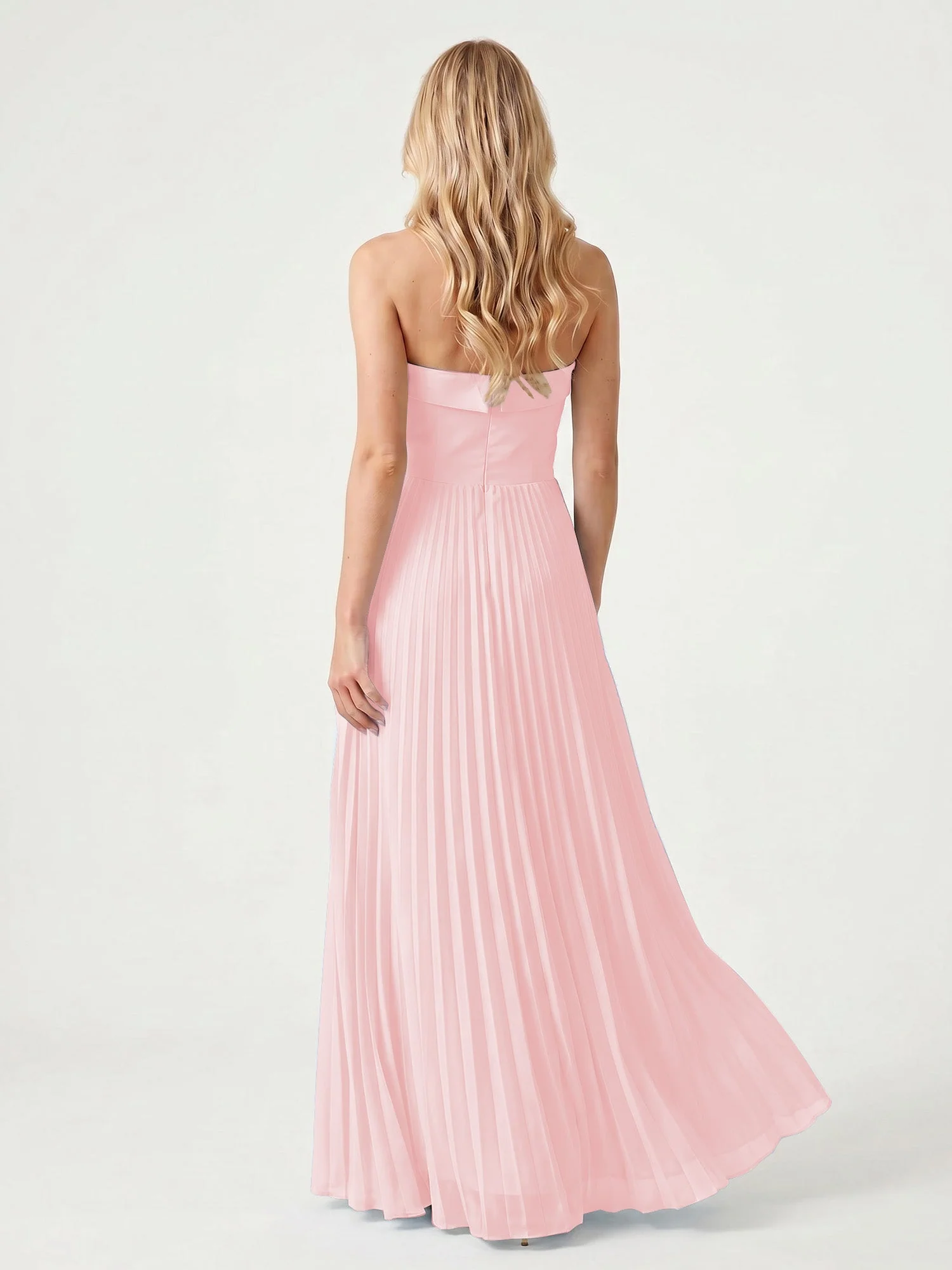 Trägerloses Chiffon Maxikleid mit Plissiertem Rock in A-Linie Zartrosa - Image 2