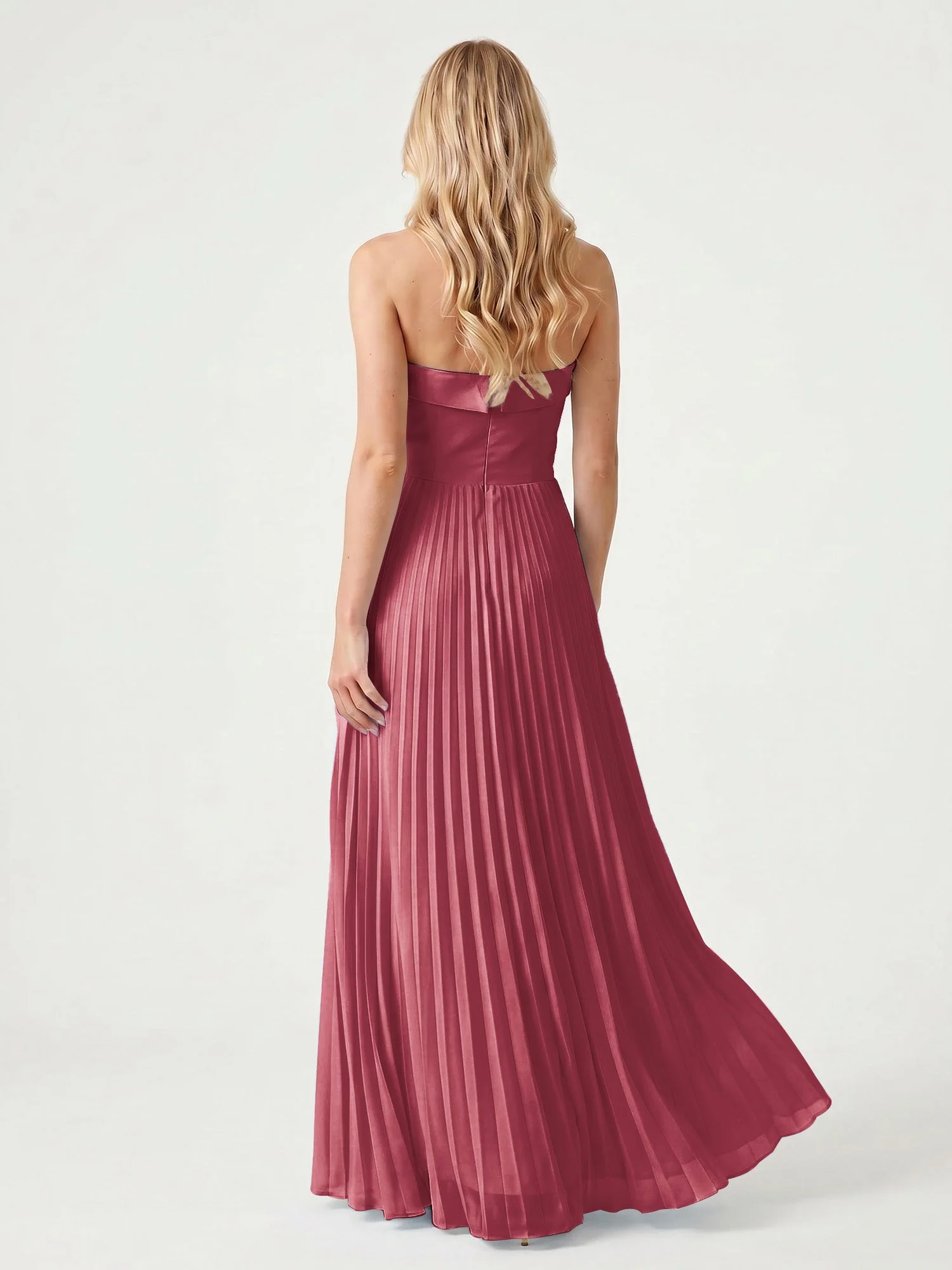 Trägerloses Chiffon Maxikleid mit Plissiertem Rock in A-Linie Zimtrose - Image 2