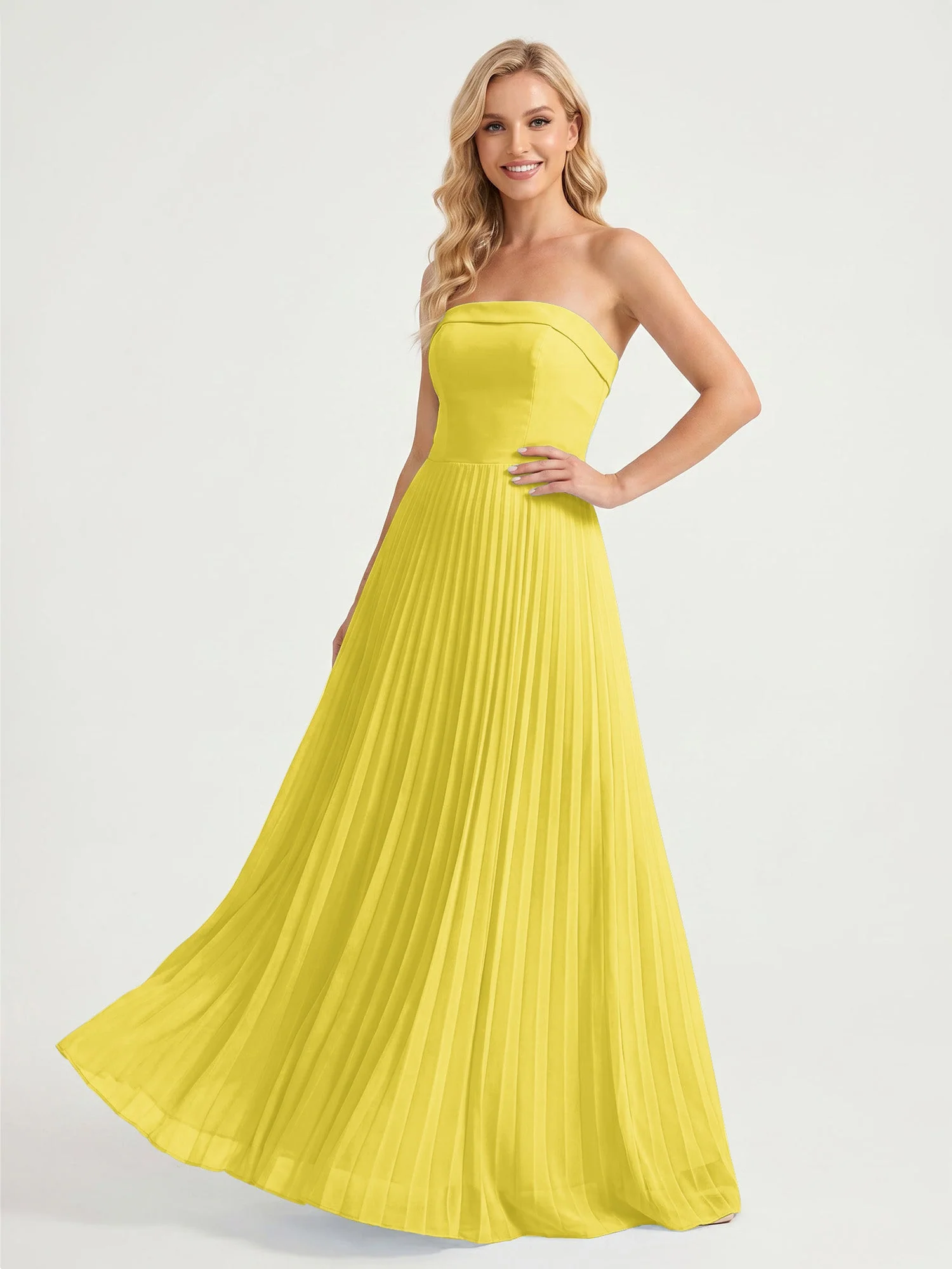 Trägerloses Chiffon Maxikleid mit Plissiertem Rock in A-Linie Zitrone